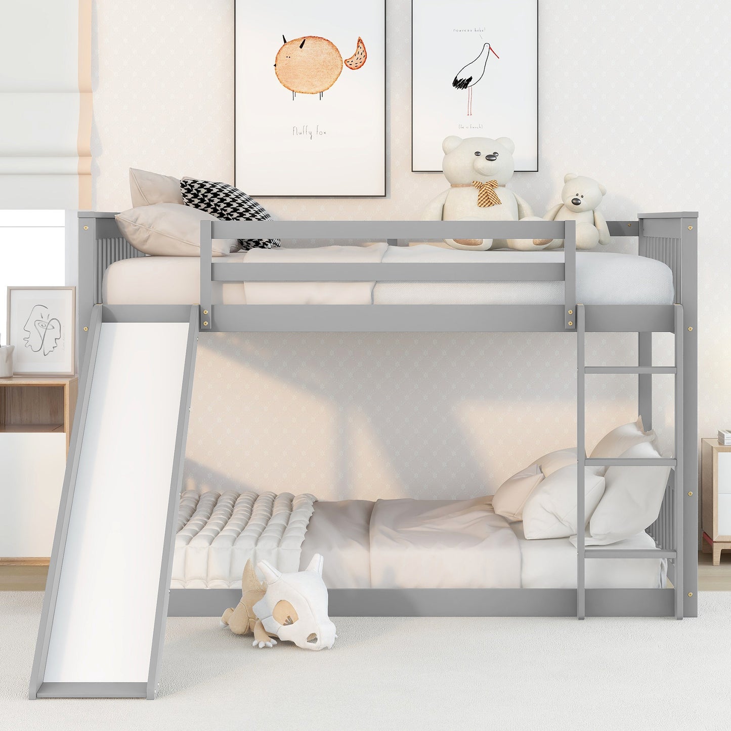 Grey Bunk Bed with Slide, Ladder, and Modern Design