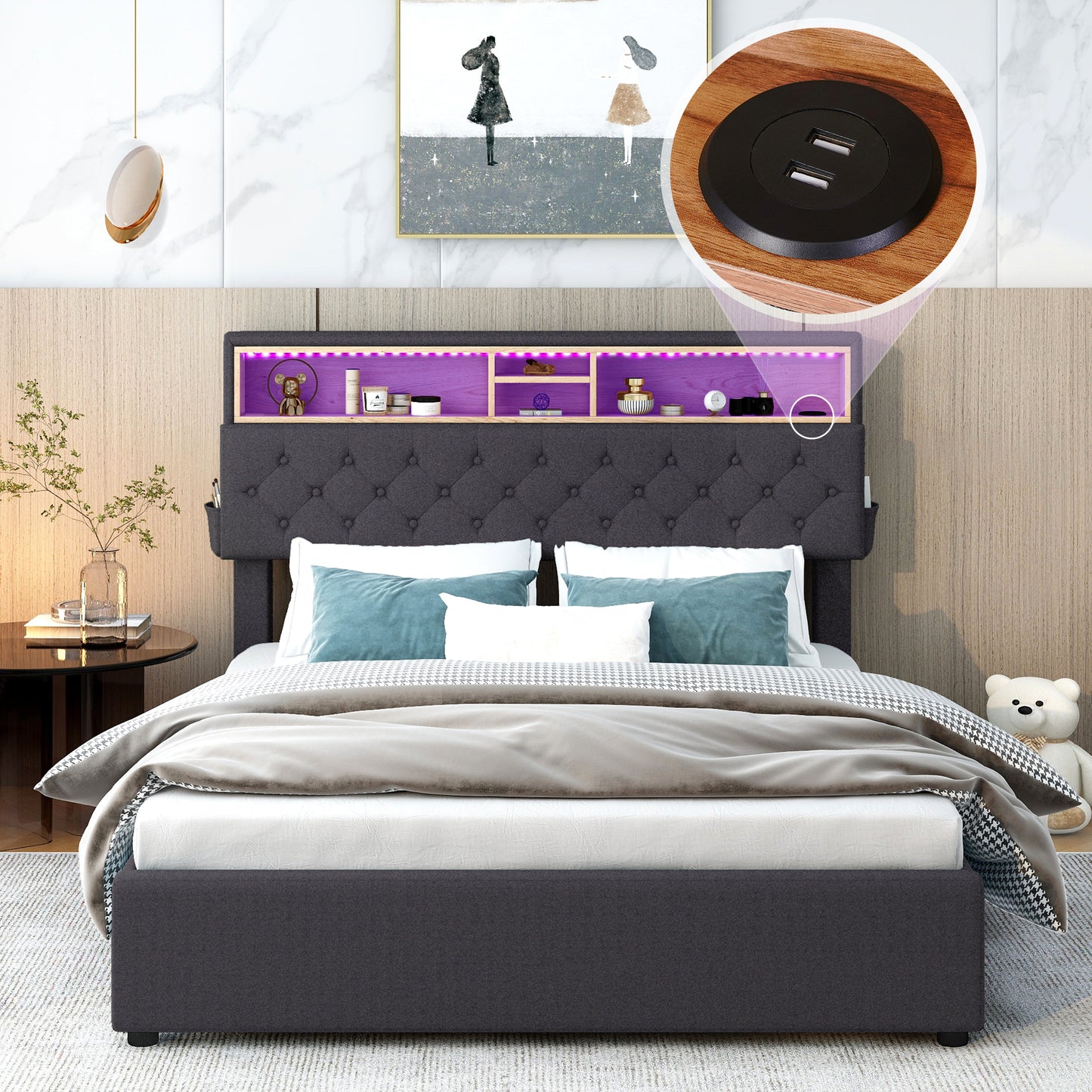 Full Size Upholstered Platform Bed with Storage Headboard, LED, USB Charging and 2 Drawers, Dark Gray