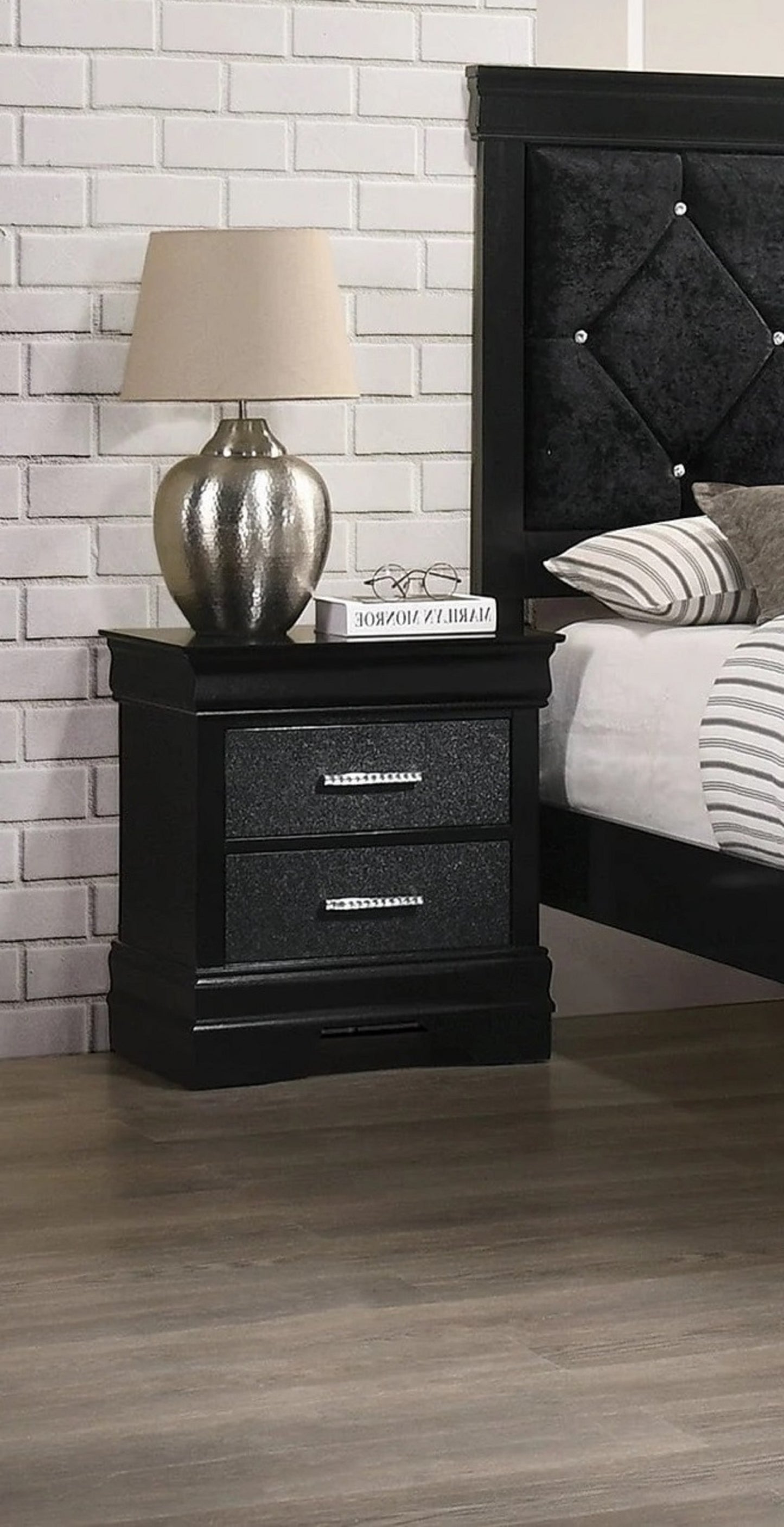 1pc Modern Glam Style Two Drawers Nightstand Black Finish Solid Wood Crystal-Like Button Tufted