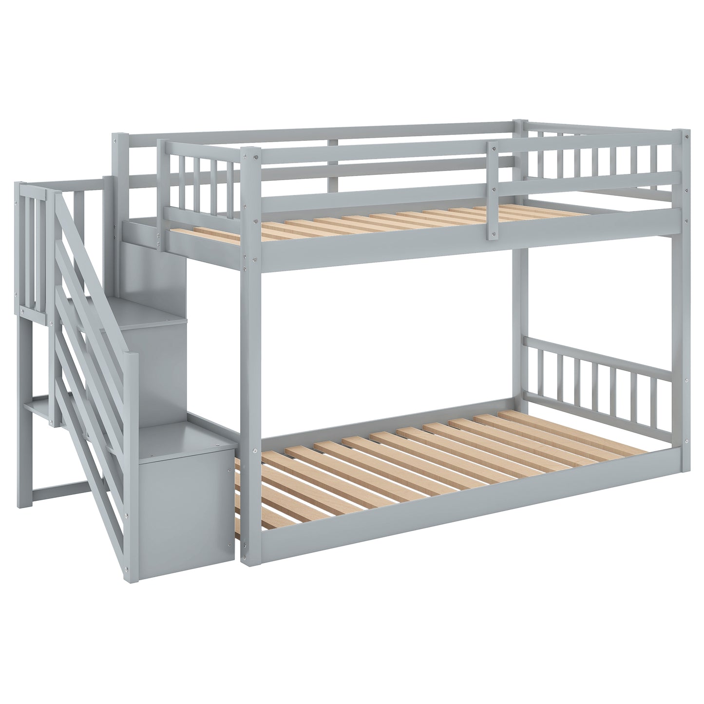 Gray Twin Bunk Bed with Built-in Storage Ladder for Kids