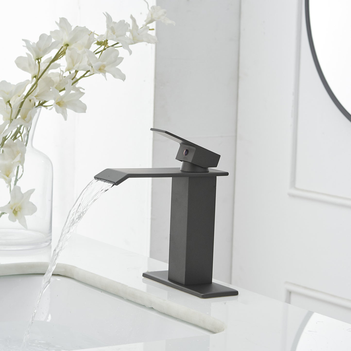 Matte Gray Waterfall Bathroom Faucet with Single Handle