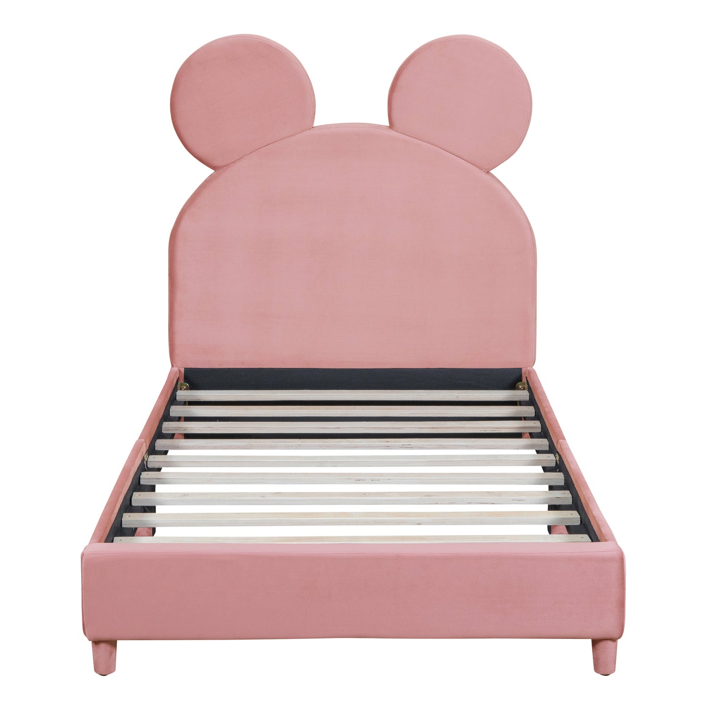 Twin Size Upholstered Platform Bed with Bear Ear Shaped Headboard, Pink