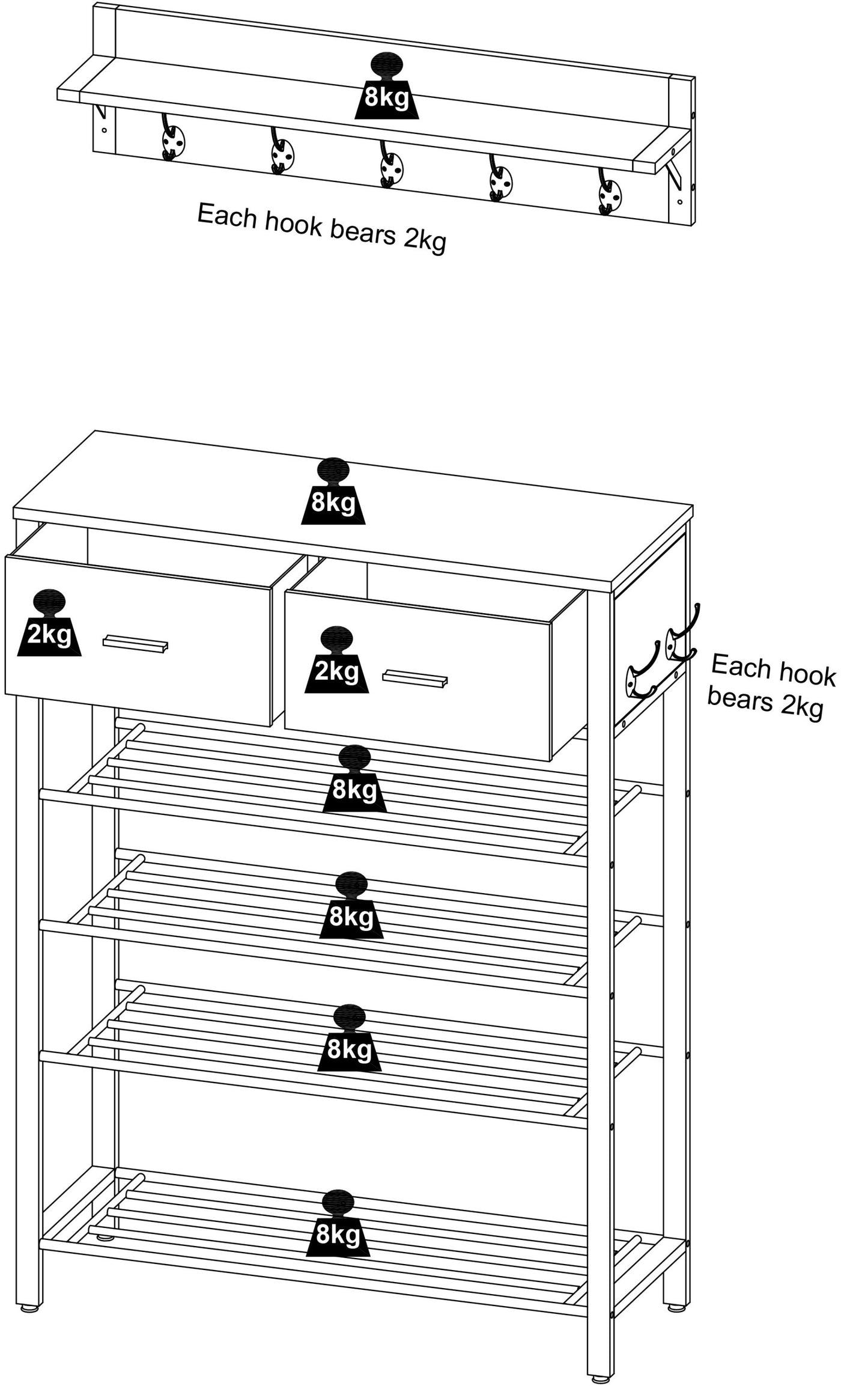 Entryway 4-tier Shoe Shelf with Two Drawers and Coat Rack, One Set Entryway Show Rack with Storage and Hooks