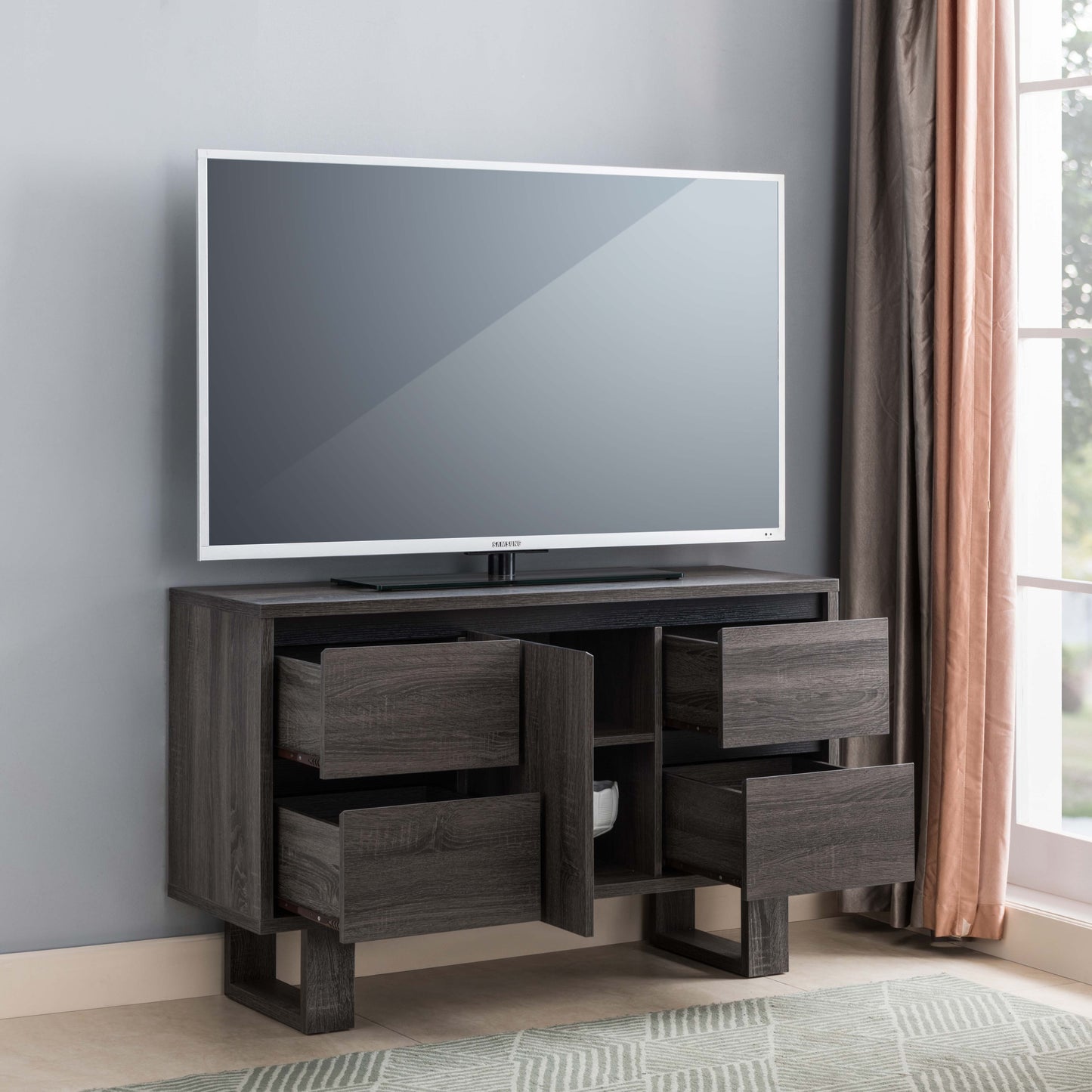 Rustic Grey and Black TV Stand with Spacious Storage