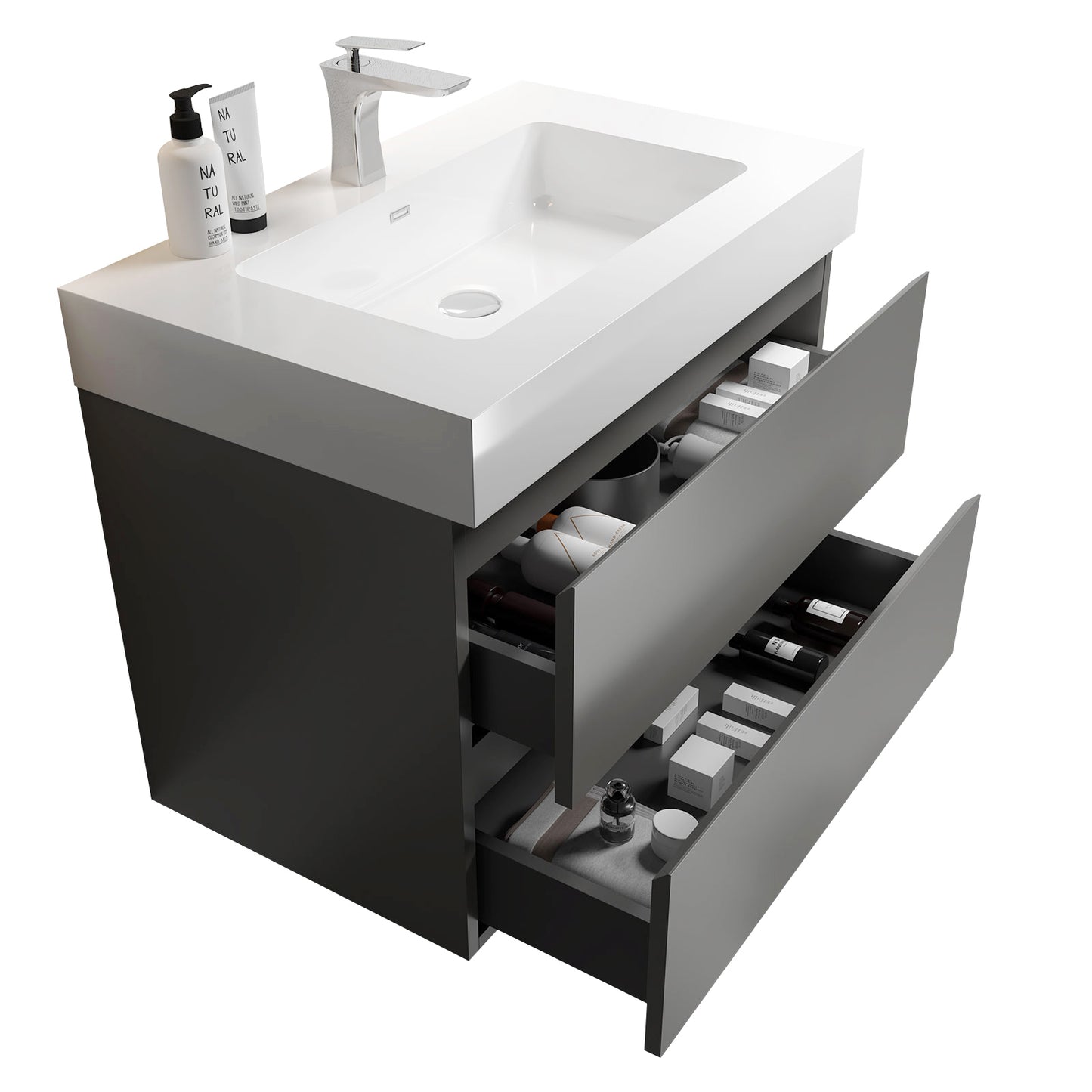 Alice-30W-102,Wall mount cabinet WITHOUT basin,Gray color,With two drawers