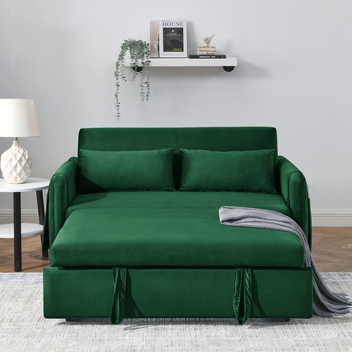 Modern 55 Velvet Convertible Sofa Bed with Adjustable Backrest and Arm Pockets