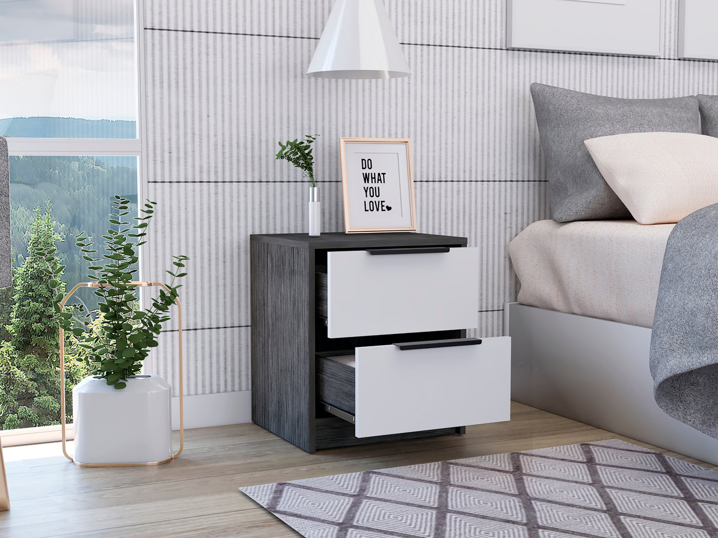 Kaia Nightstand, Two Drawers, Metal Handle -Smokey Oak / White