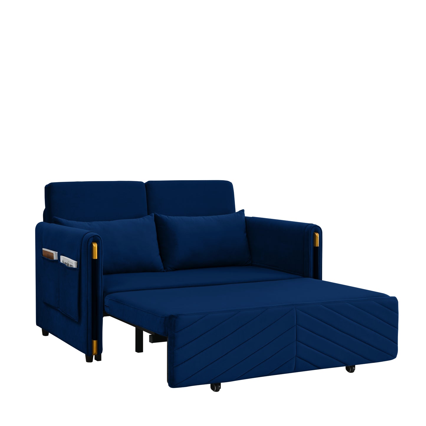 MH 54" Modern Convertible Sofa Bed with 2 Detachable Arm Pockets, Velvet Loveseat Multi-position adjustable Sofa with Pull Out Bed with Bedhead, 2 Pillows and Living Room, Blue