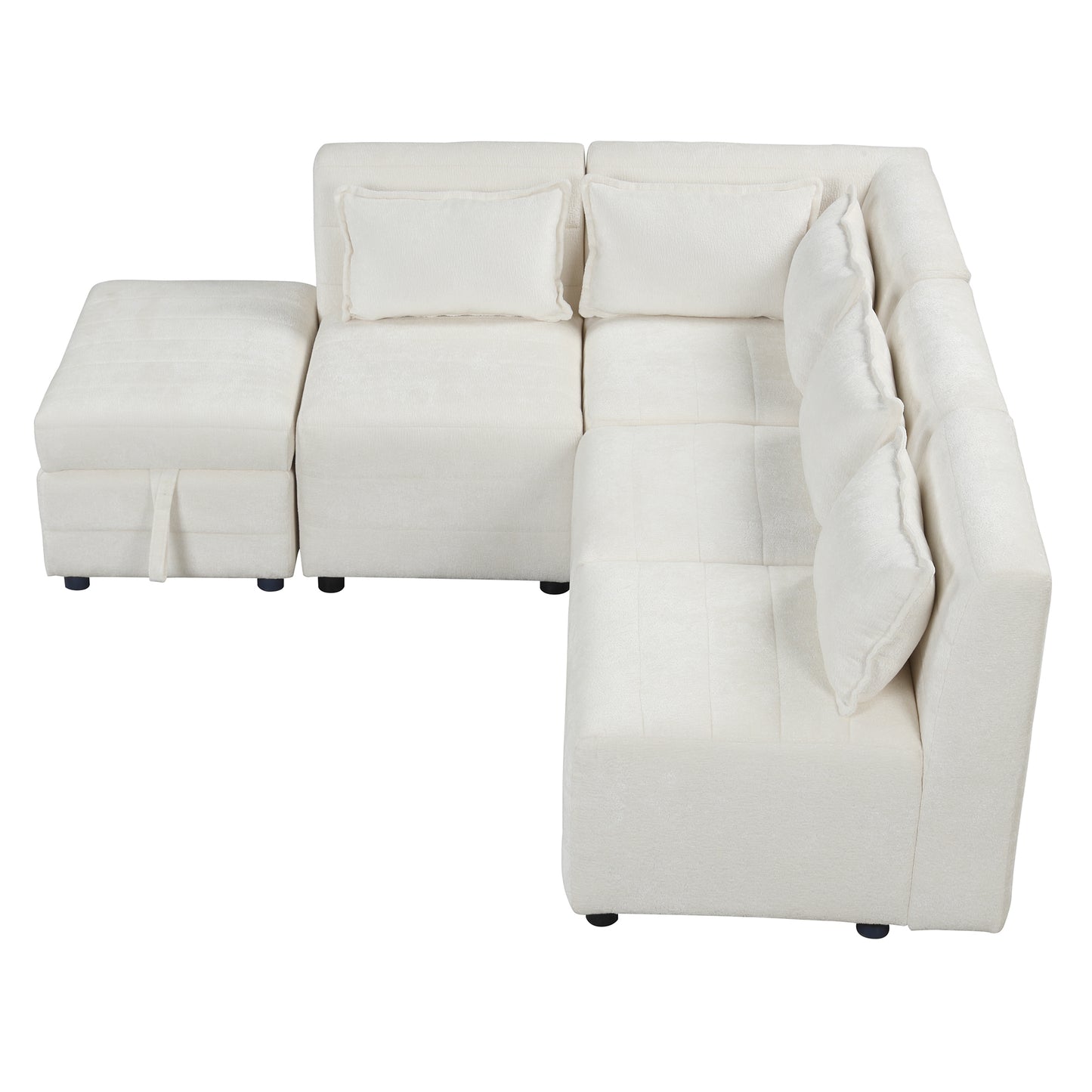 Cream 5-Seater Modular Sectional Sofa with Storage Ottoman and 5 Pillows