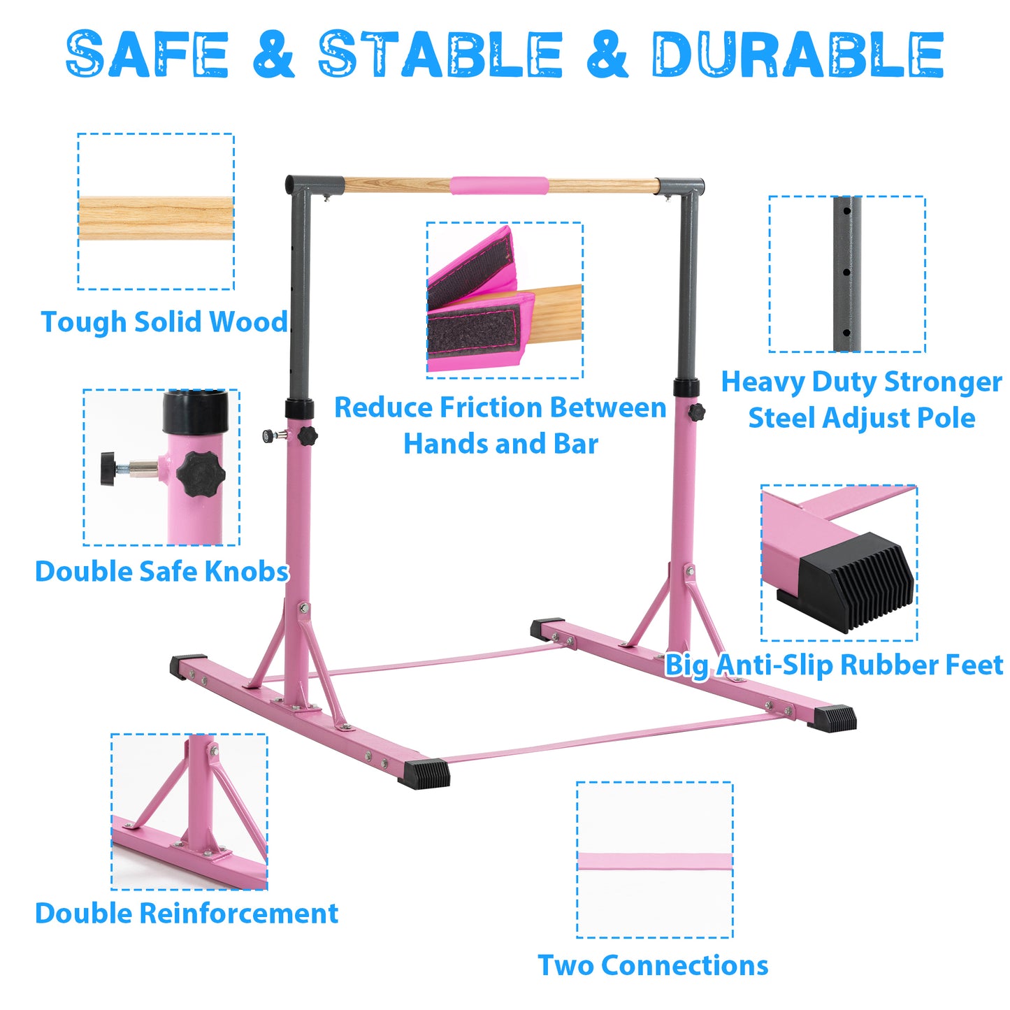 Pink Adjustable Gymnastics Horizontal Bar Set for Kids Home Use