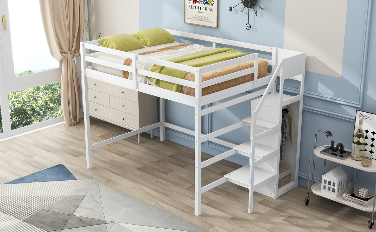 Full Size Loft Bed with Built-in Storage Wardrobe and Staircase, White