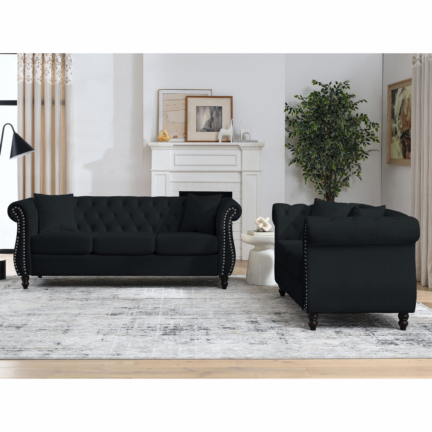 Luxurious 80 Black Velvet Chesterfield Sofa for Living Room