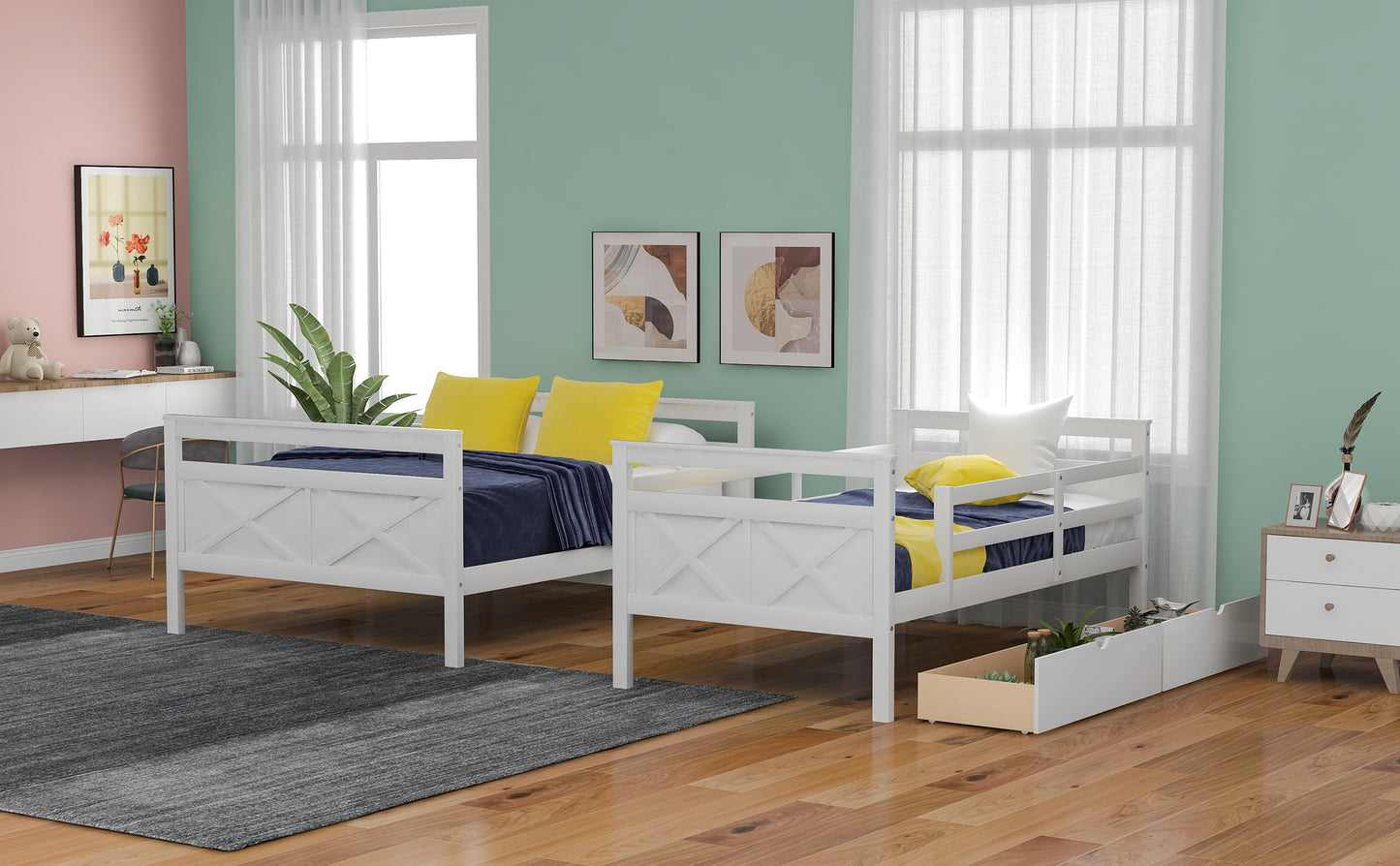Bunk Bed with Storage Drawers, Guardrail, and Ladder - White Twin over Full