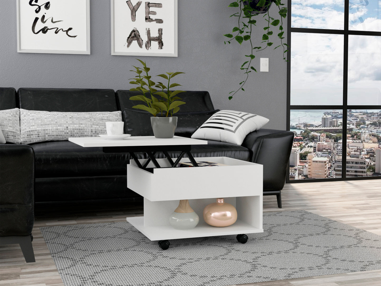 Elevate Lift Top Coffee Table with Casters and Shelf - White