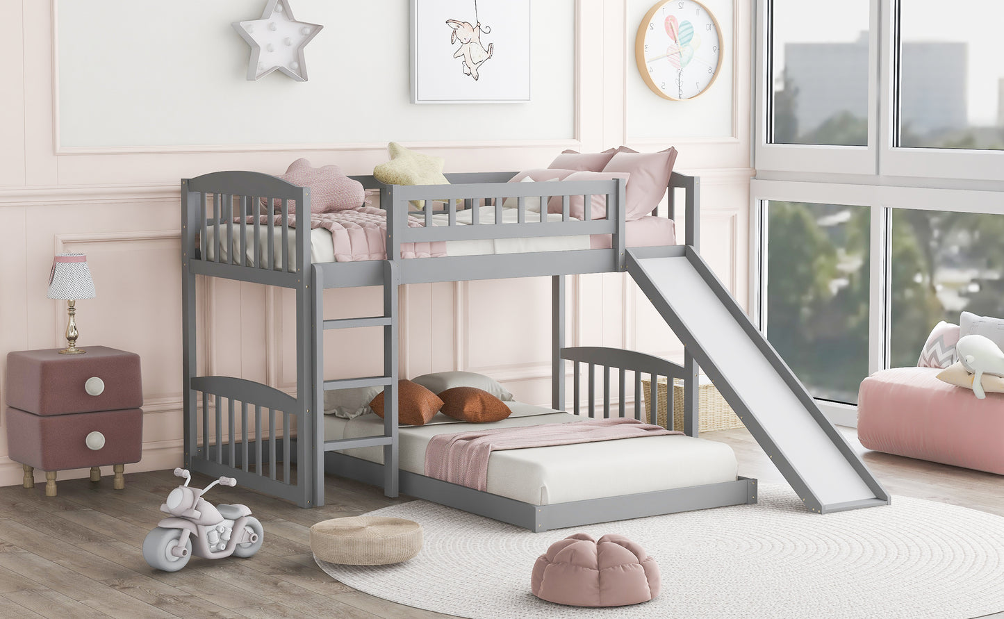 Gray Twin Bunk Bed with Slide, Ladder, and Space-efficient Design