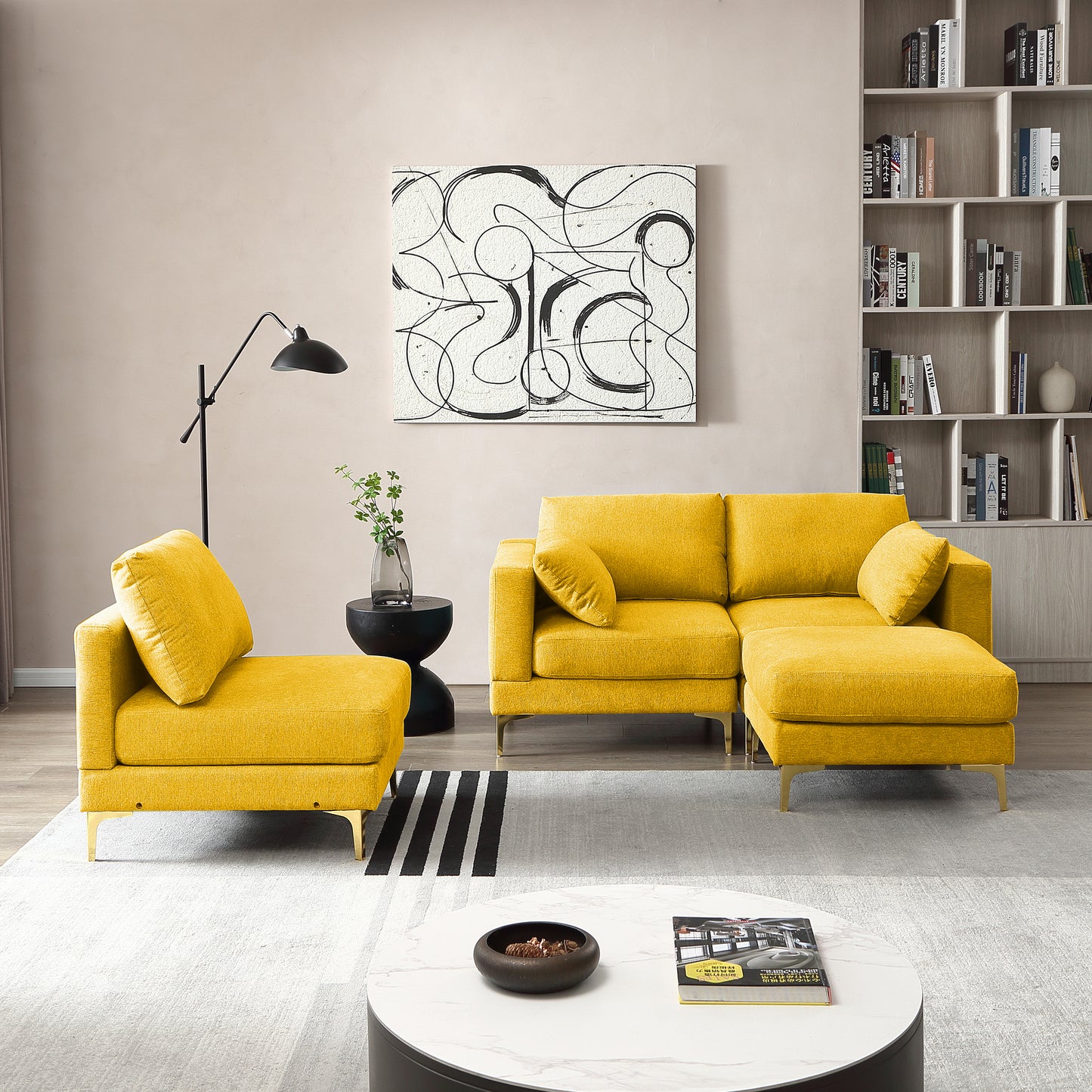 ADF Living Room Furniture Modern Leisure L Shape Couch Yellow Fabric