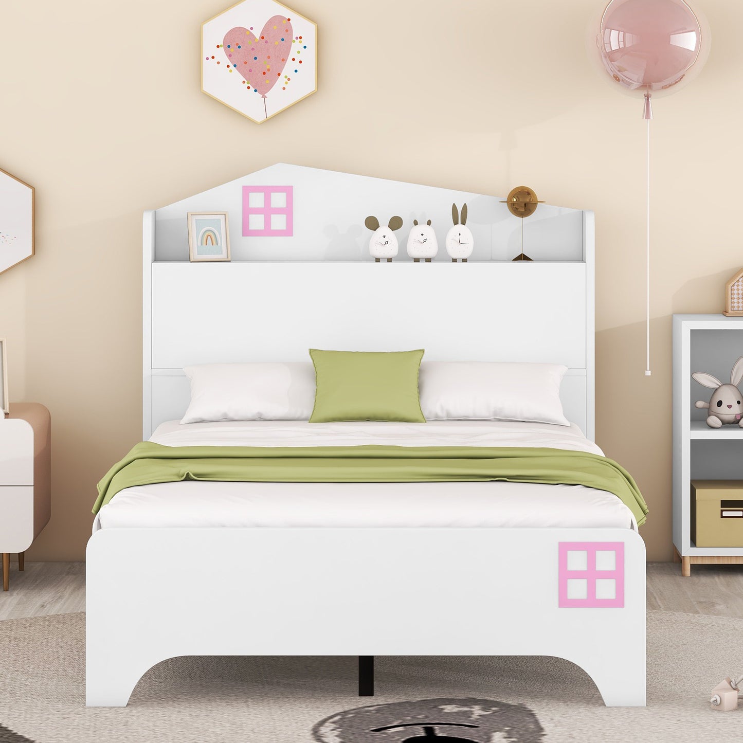 Wooden Twin Size House Bed with Storage Headboard ,Kids Bed with Storage Shelf, White