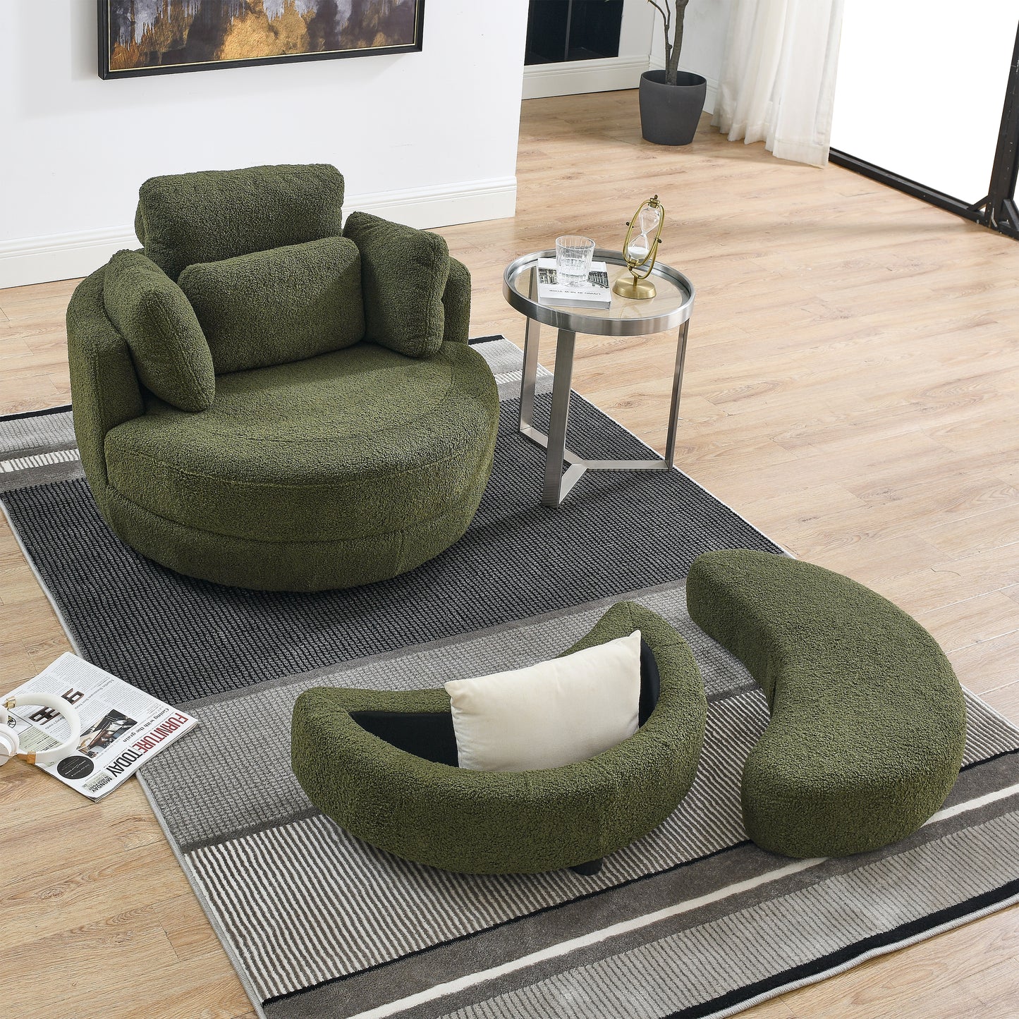 Oversized Swivel Chair with Ottoman and Pillows