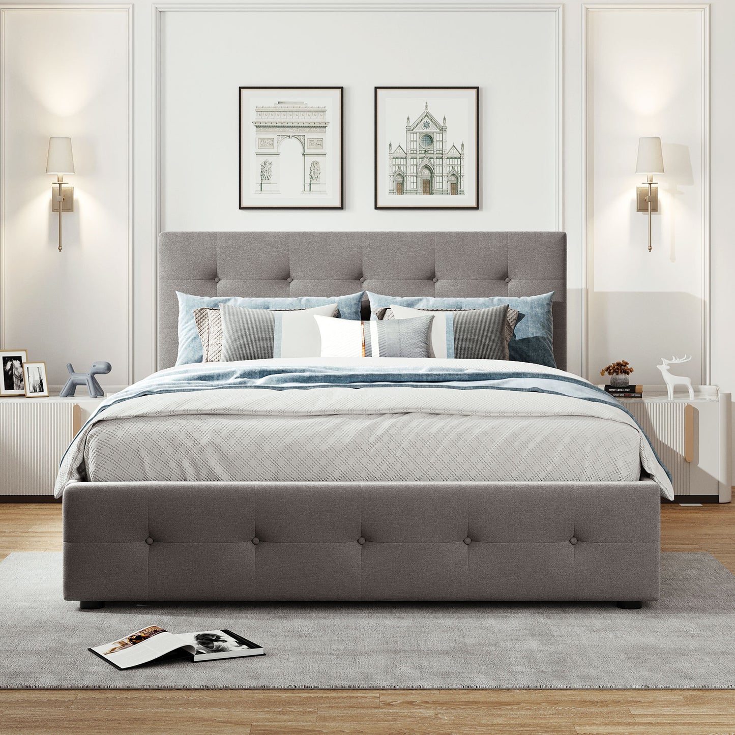 Upholstered Platform Bed with 2 Drawers and 1 Twin XL Trundle,  Linen Fabric, Queen Size - Light Gray