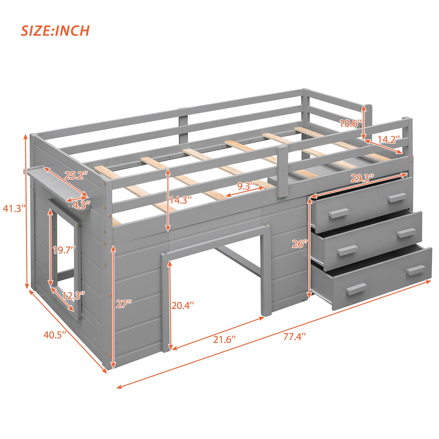 Twin Size Loft Bed with Cabinet and Shelf - Gray