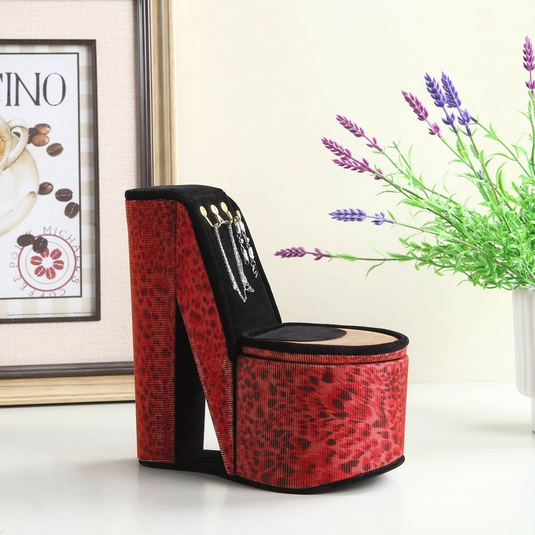 9" Tall Display Jewelry Box with Hooks, High Heel Shoe Design, Leopard Print