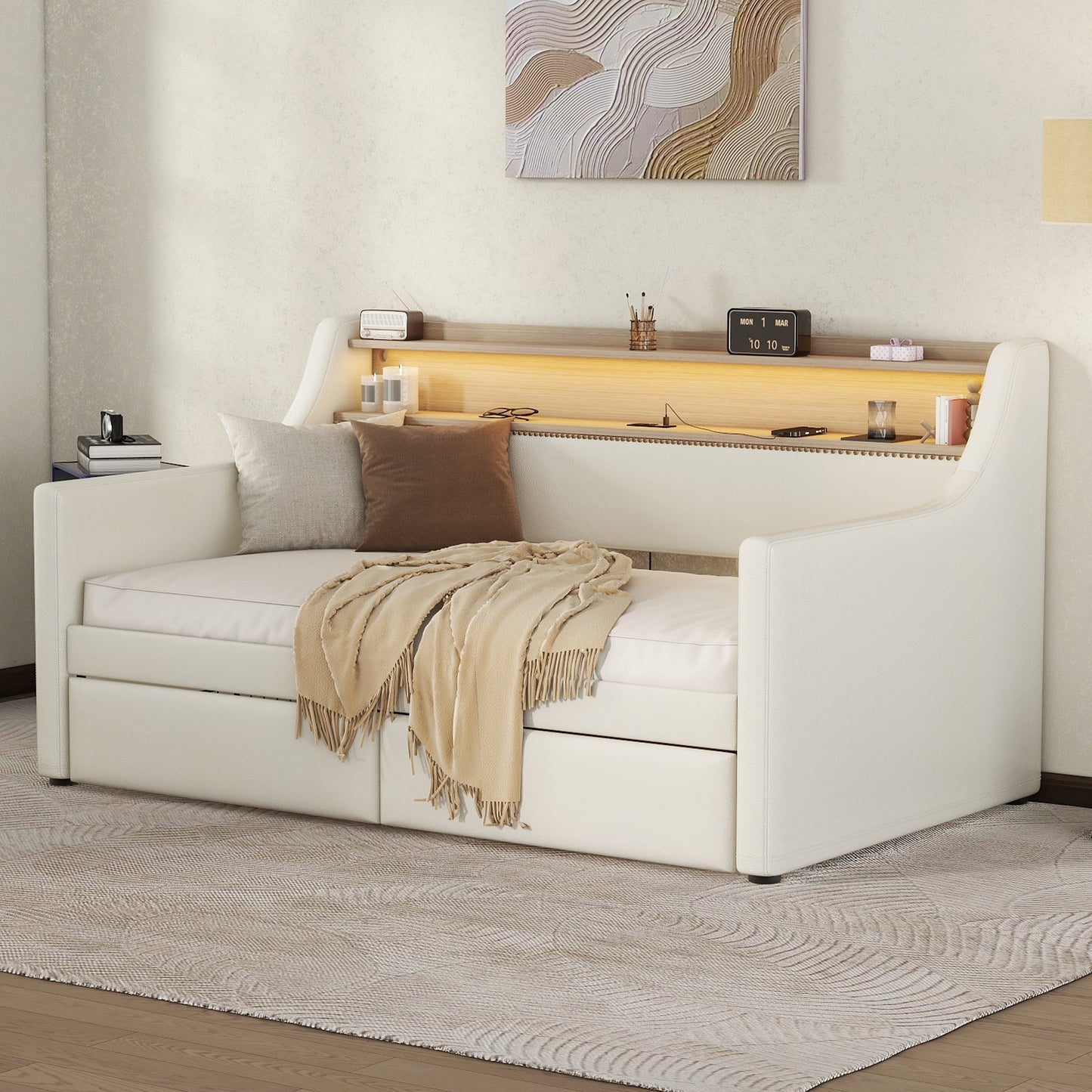 Twin Size Daybed with Storage Drawers, Upholstered Daybed with Charging Station and LED Lights, White