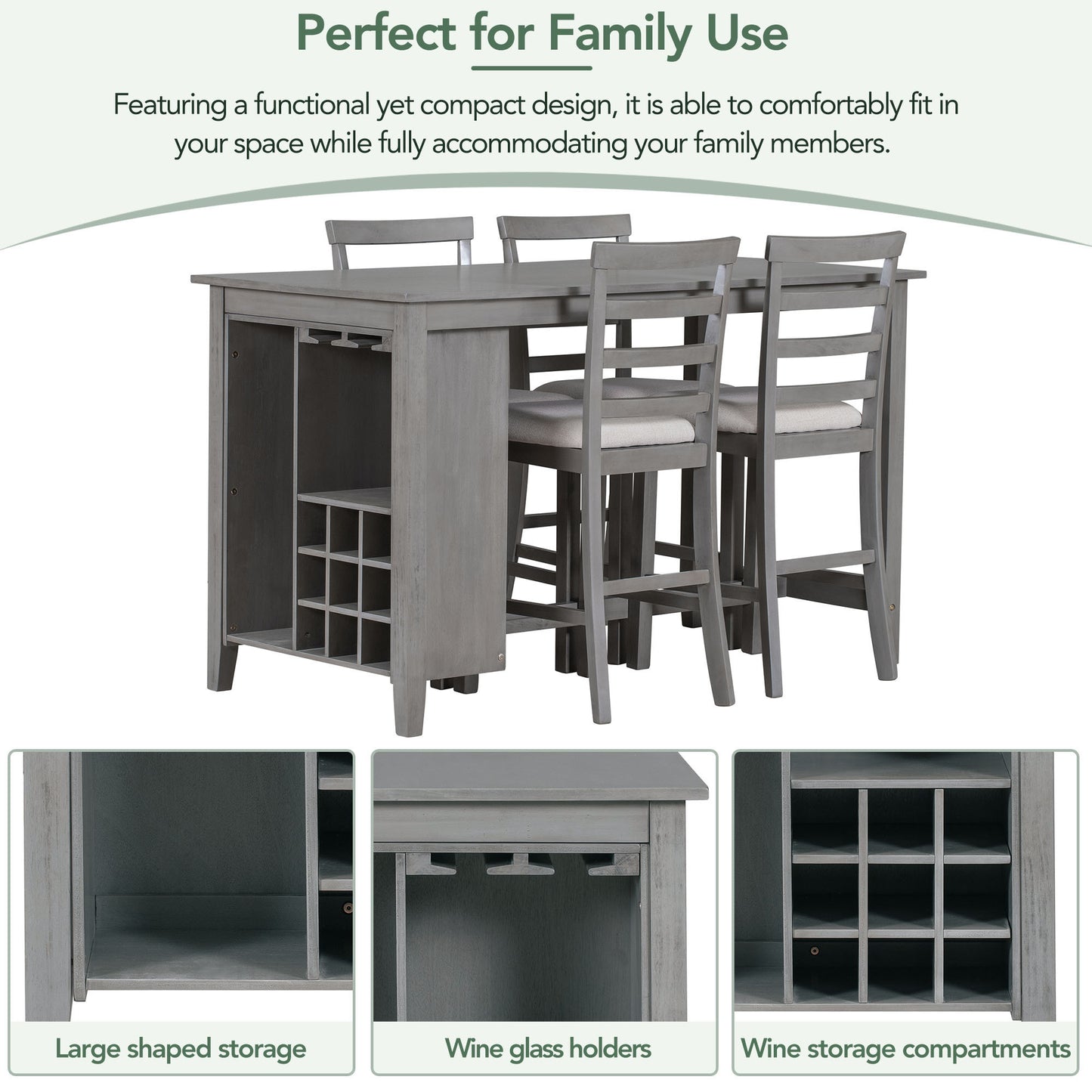 TREXM 5-Piece Multi-Functional Rubber Wood Counter Height Dining Set with Padded Chairs and Integrated 9 Bar Wine Compartment, Wineglass Holders for Dining Room (Gray)