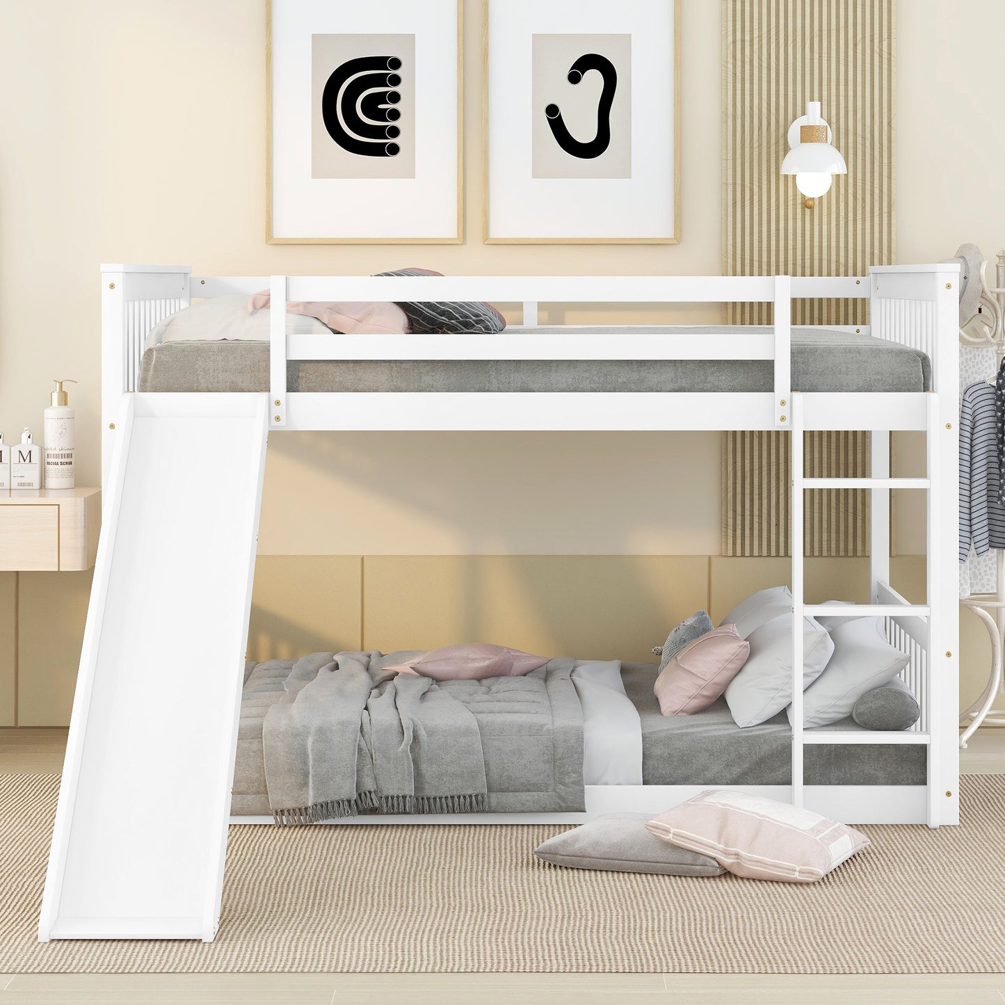 Full over Full White Bunk Bed with Slide and Ladder