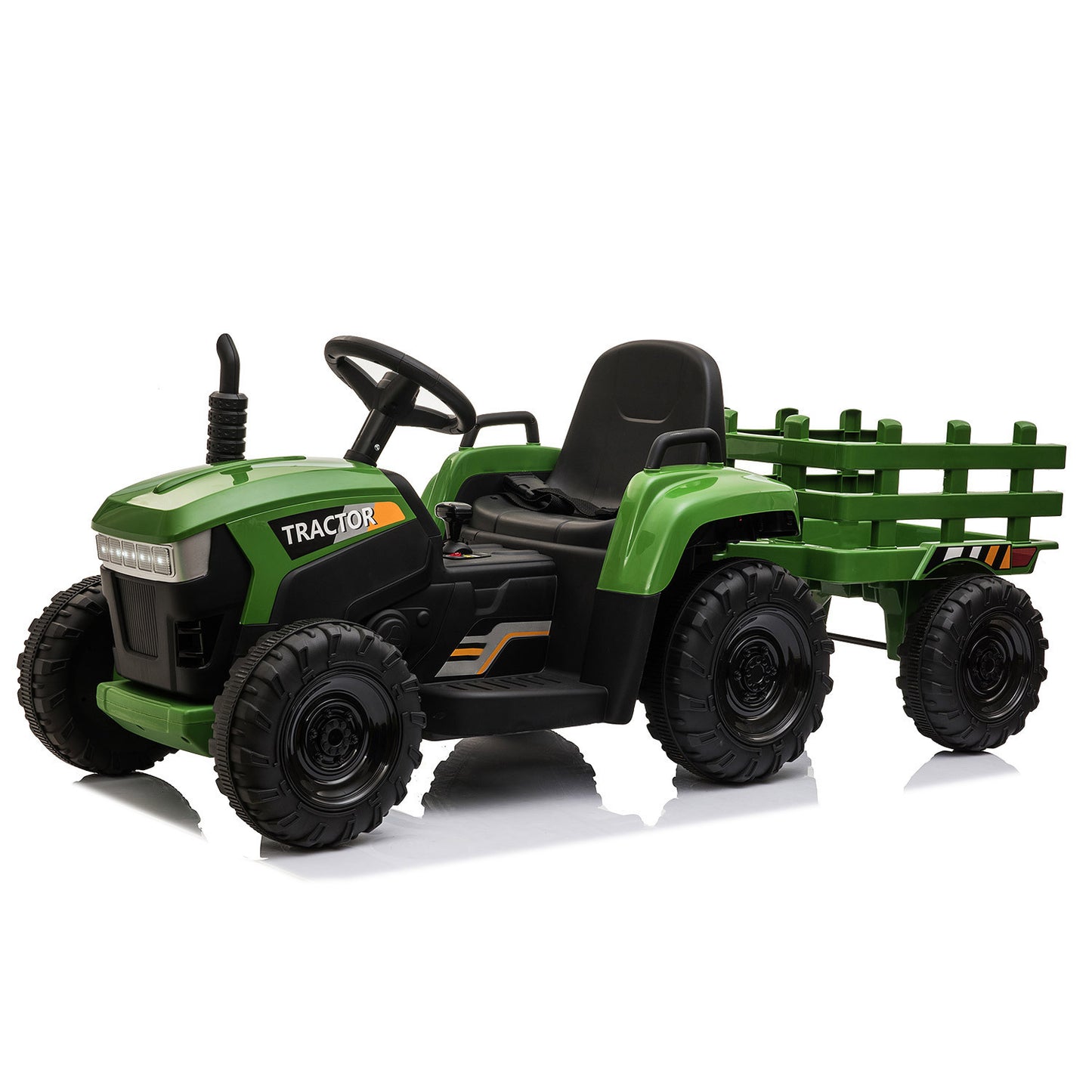 12V Kids Dark Green Ride-On Tractor with Trailer, Music, LED Lights, and USB