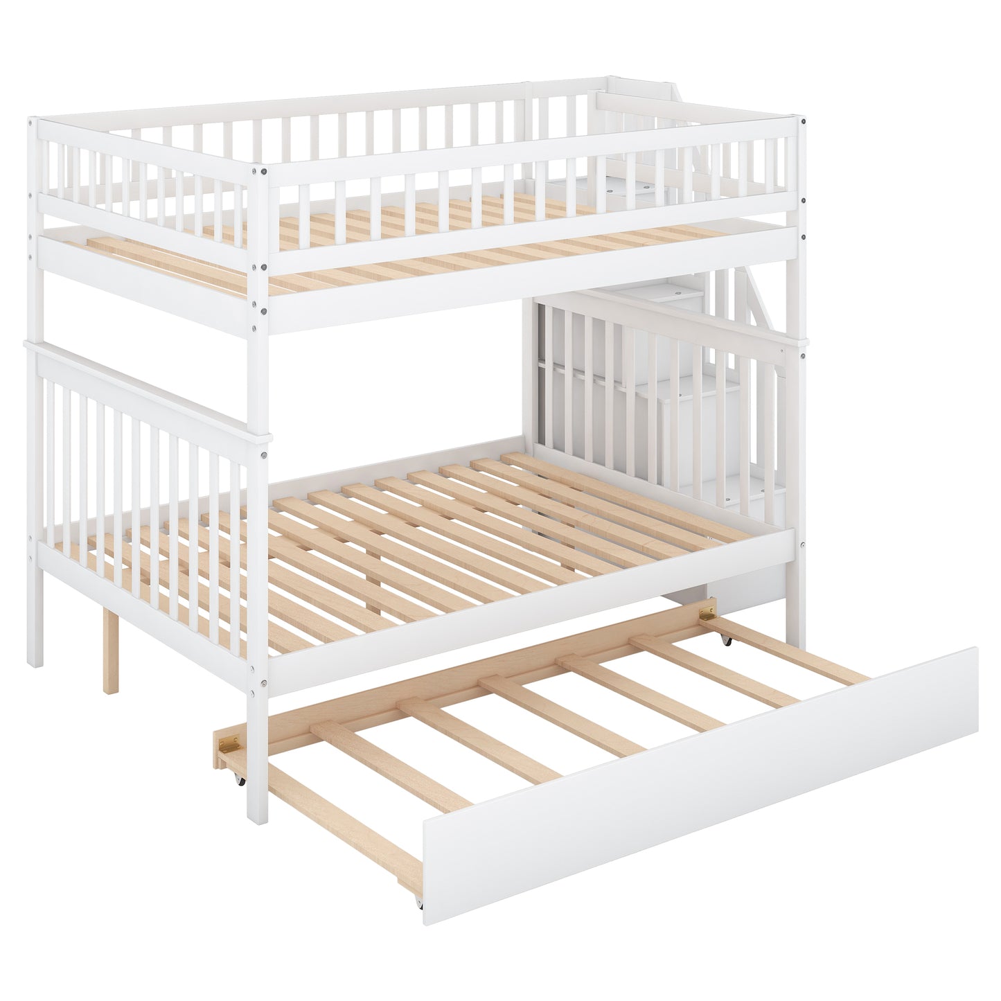 White Full over Full Bunk Bed with Trundle, Staircase, and Storage - Space-Saving Full Bunk Bed with Trundle