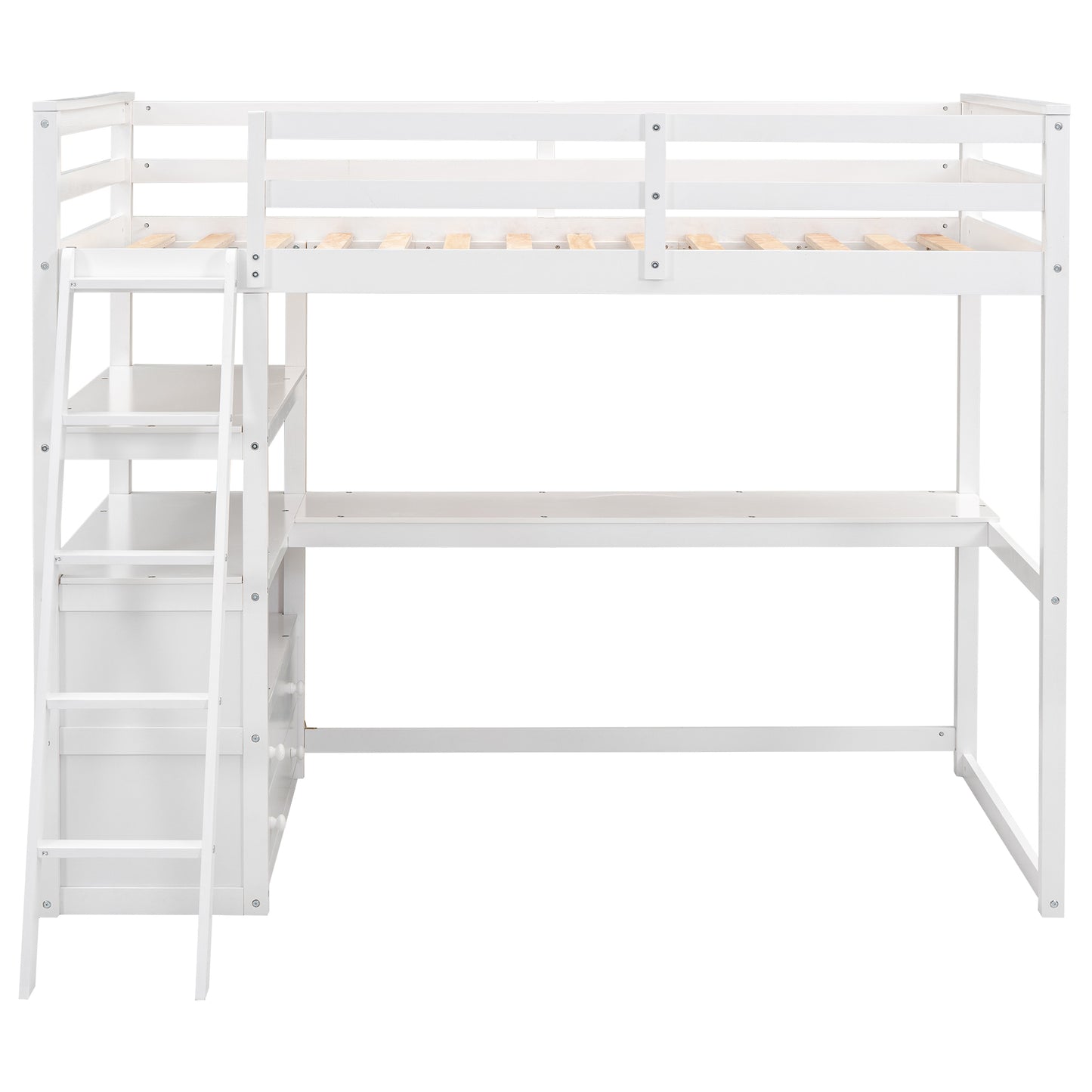 Twin Size Loft Bed with Desk and Shelves, Two Built-in Drawers, White(: GX000423AAK)