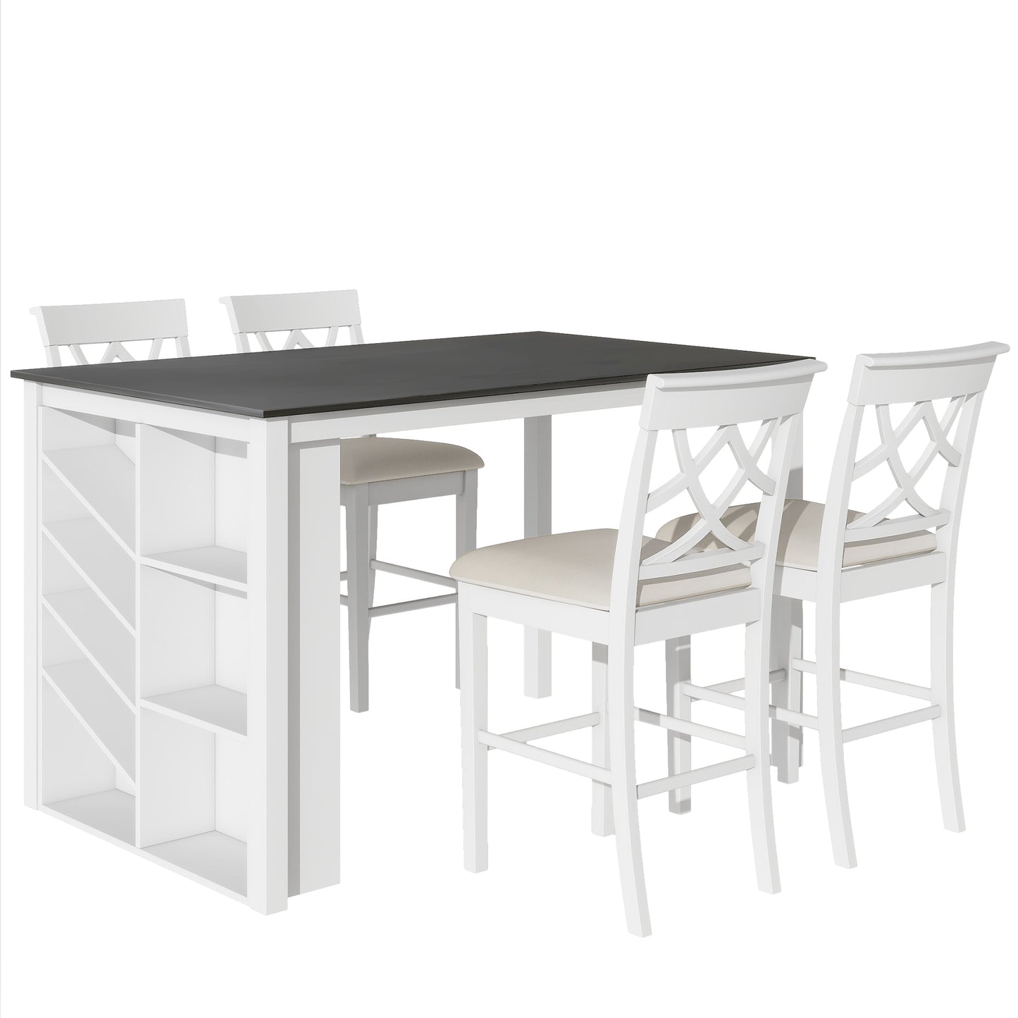 Counter Height 5-piece Solid Wood Dining Table Set, 59*35.4Inch Table with Wine Rack and 4 Upholstered Chairs, White