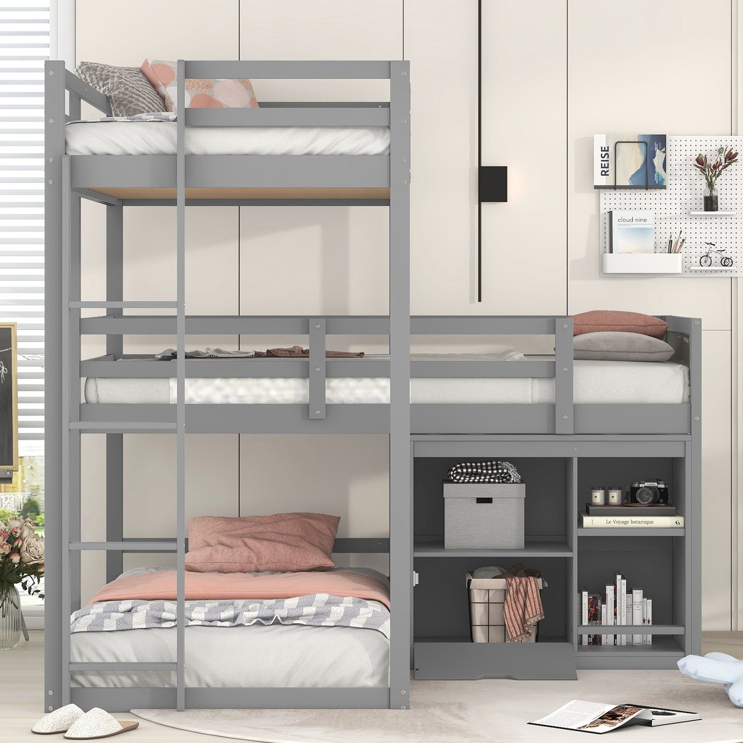 Gray L-shaped Triple Bunk Bed with Storage and Blackboard