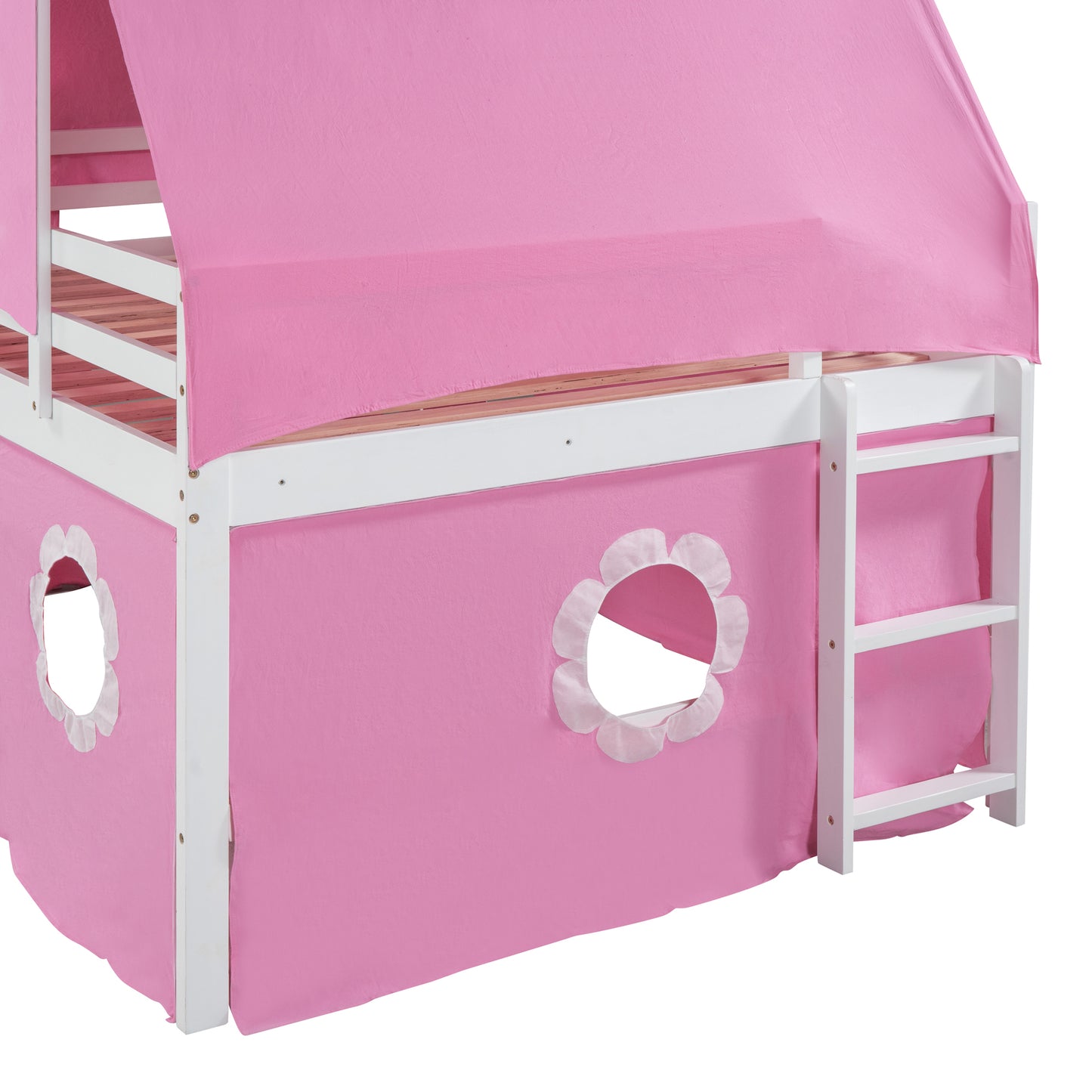 Pink Castle Loft Full Size Bunk Bed with Slide, Tent, and Tower - Enchanting Pink Castle Loft Bed with Slide, Tent, and Tower