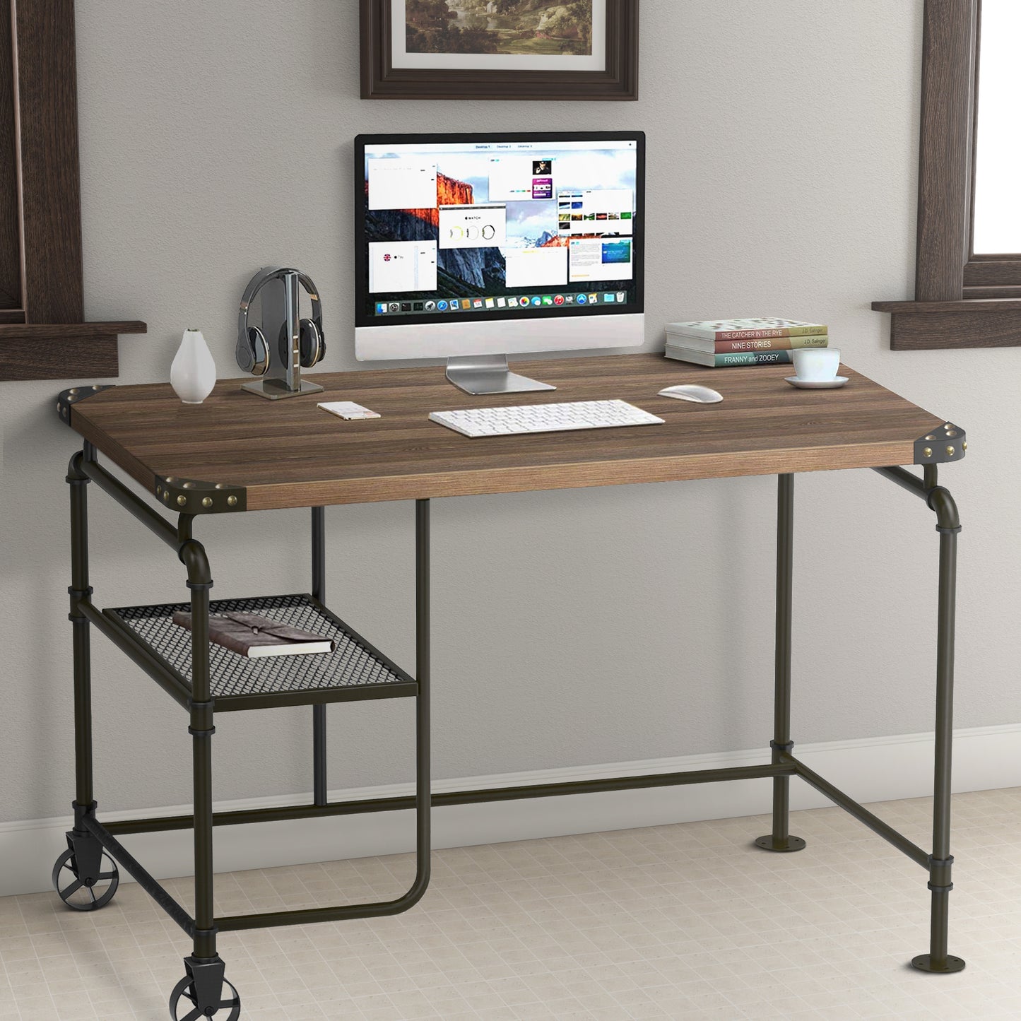 Rustic Wooden Top Industrial Writing Desk with Iron Base