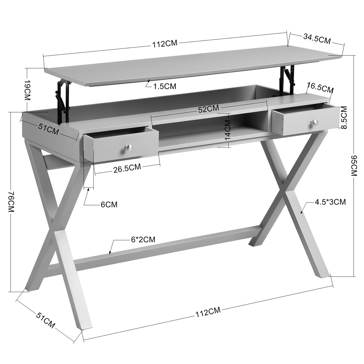 Adjustable Lift Desk with Farmhouse Style and Storage, Grey