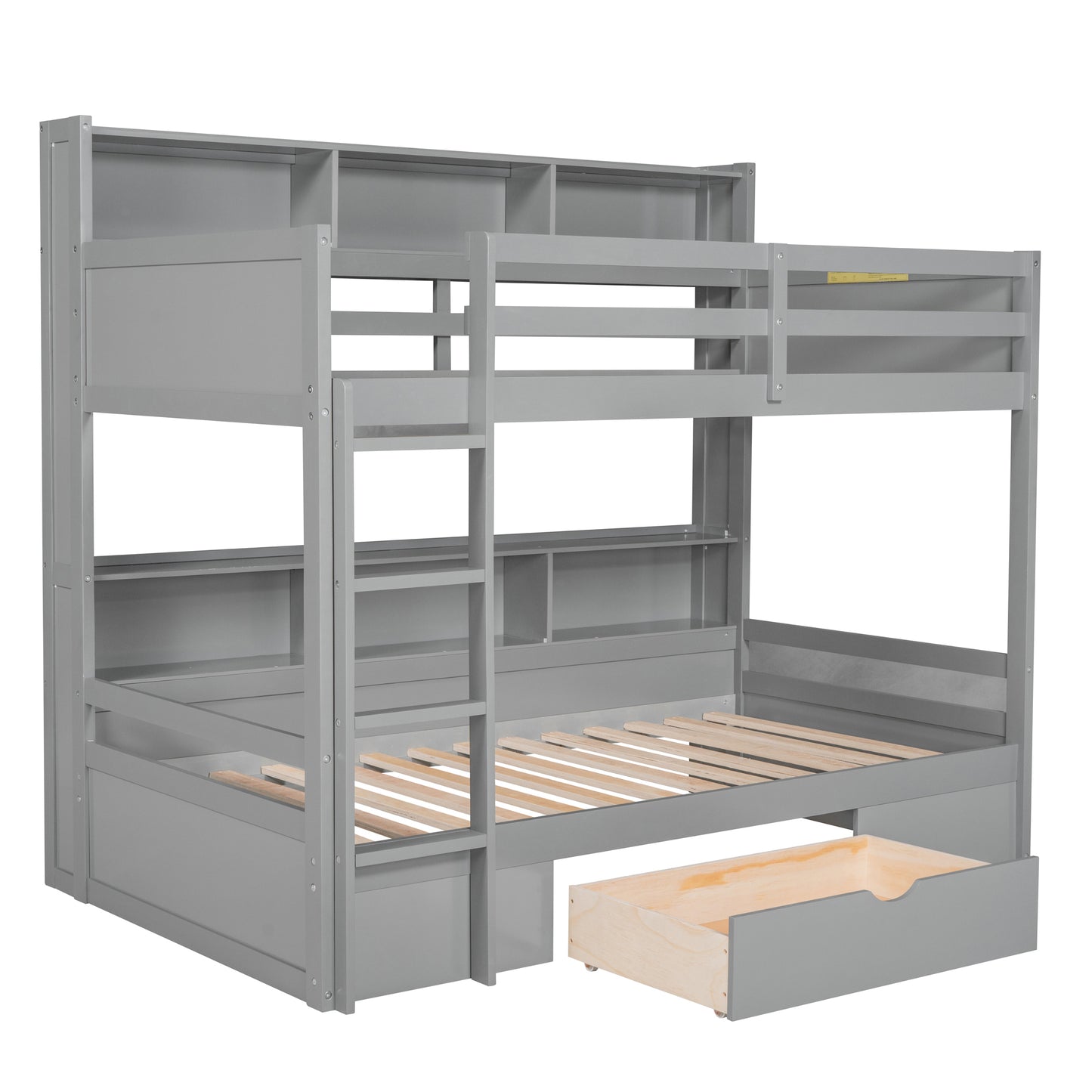 Twin Size Gray Bunk Bed with Storage Drawer and Built-in Shelves