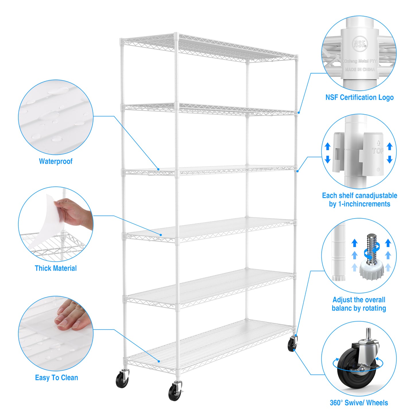 6 Tier Wire Shelving Unit, 6000 LBS NSF Height Adjustable Metal Garage Storage Shelves with Wheels, Heavy Duty Storage Wire Rack Metal Shelves - White