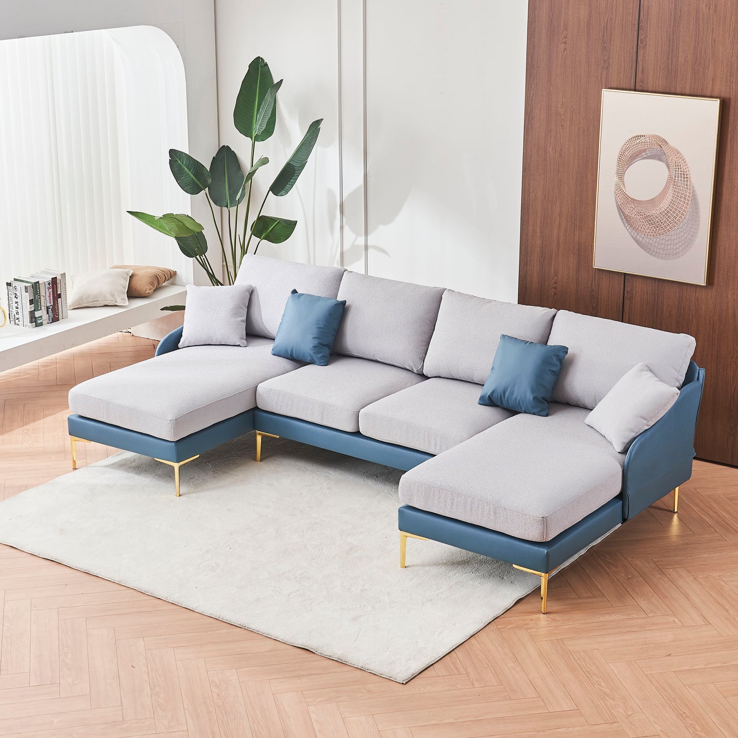 Modern large area Linen+Leathaire fabric color matching segmented sofa, ultra wide lounge chair, golden legs, U-shaped, blue+light gray