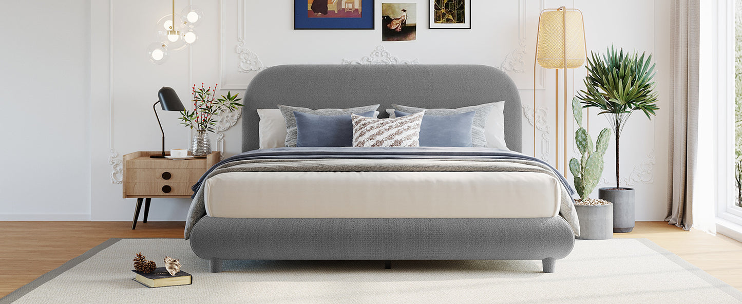 Teddy Fleece Queen Size Upholstered Platform Bed with Thick Fabric, Solid Frame and Stylish Curve-shaped Design, Gray