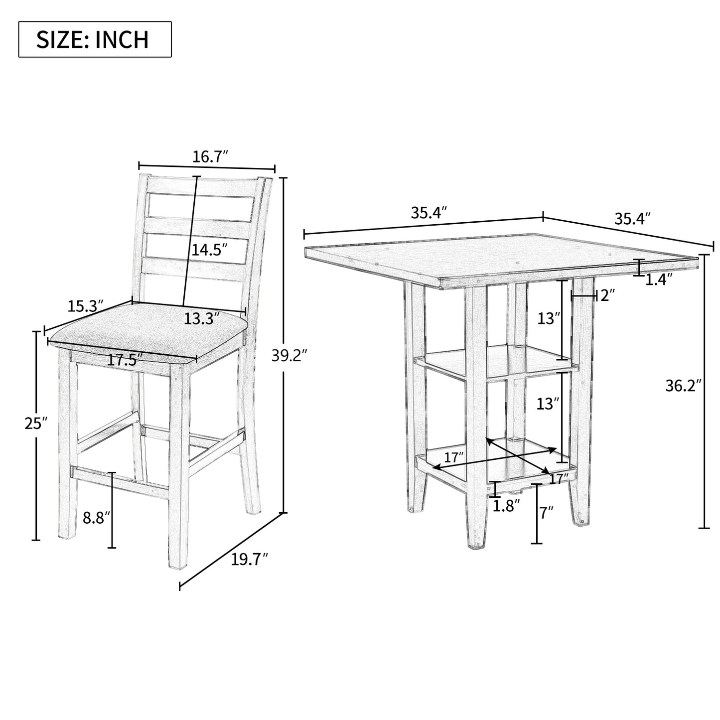 TREXM 5-Piece Wooden Counter Height Dining Set with Padded Chairs and Storage Shelving (Espresso)