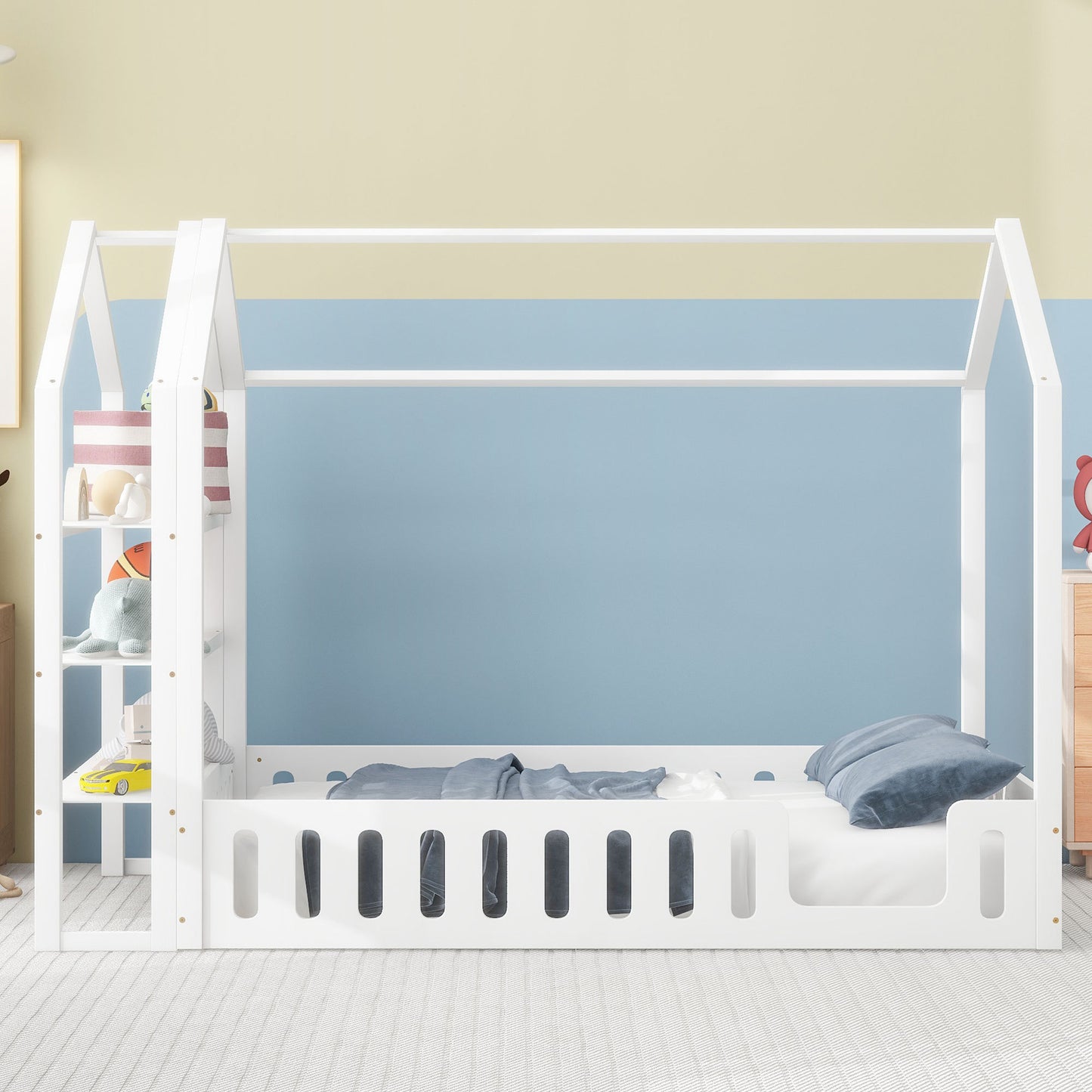 Full Size Wood House Bed with Fence and Detachable Storage Shelves, White(Expected Arrival Time: 1.7)