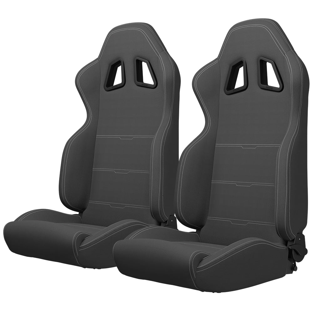 Sporty Reclinable Racing Seats - Pair of White Stripe Fabric Seats