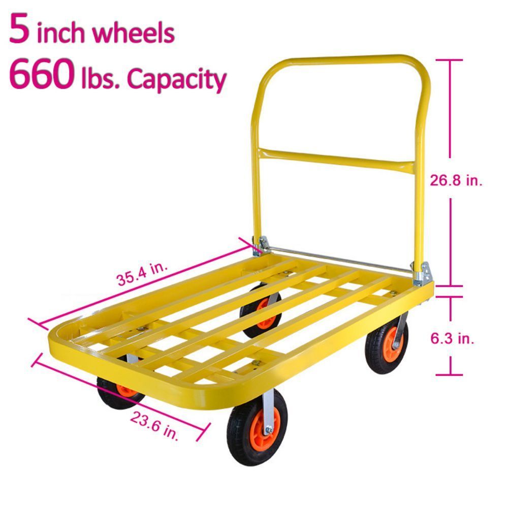 660 lbs. Capacity Steel Push Hand Truck Heavy-Duty Dolly Folding Foldable Moving Warehouse Platform Cart in Yellow