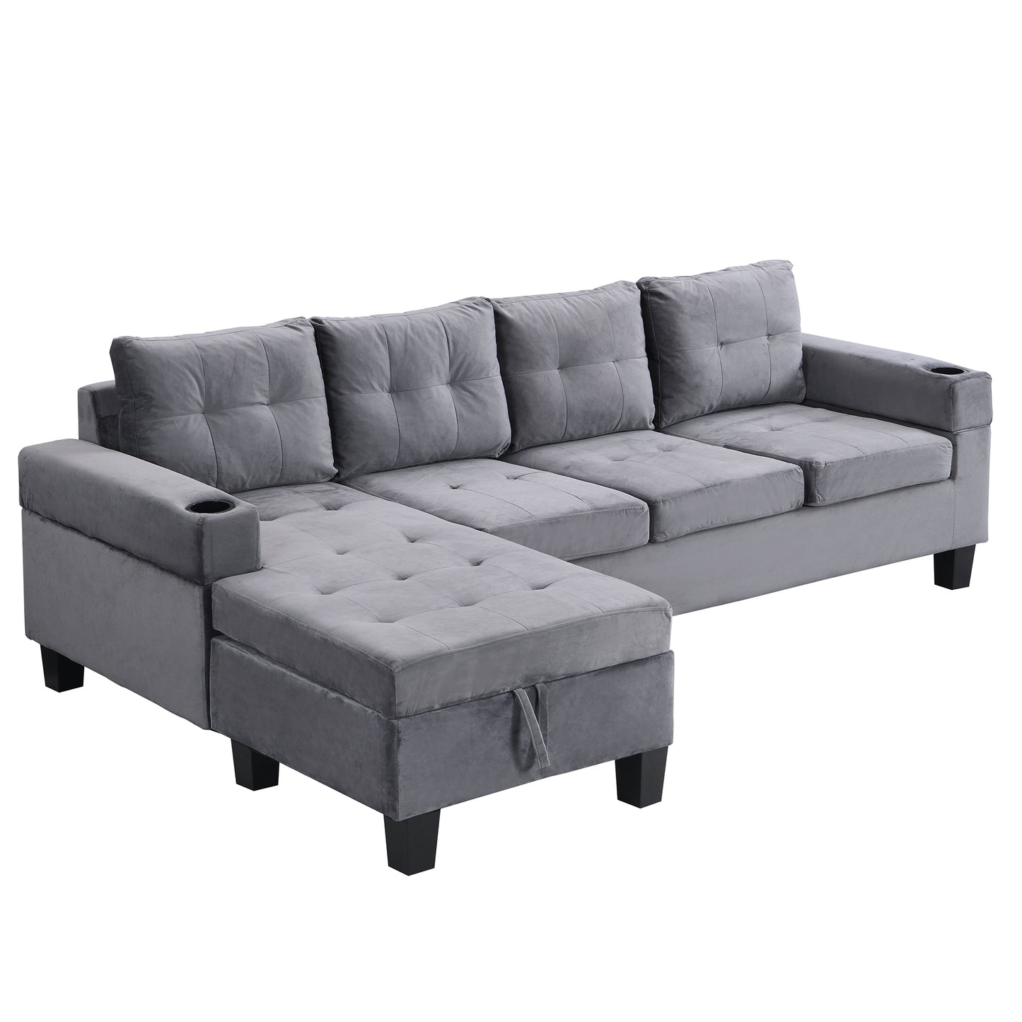 Sectional Sofa Set for Living Room with L Shape  Chaise Lounge ,cup holder and  Left  Hand with Storage Chaise  Modern 4 Seat (Grey) 
-LEFT CHAISE WITH STORAGE