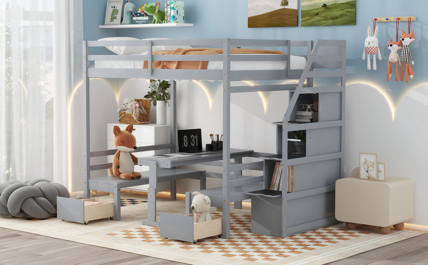 Full over Full Size Bunk with staircase,the Down Bed can be Convertible to Seats and Table Set,Gray