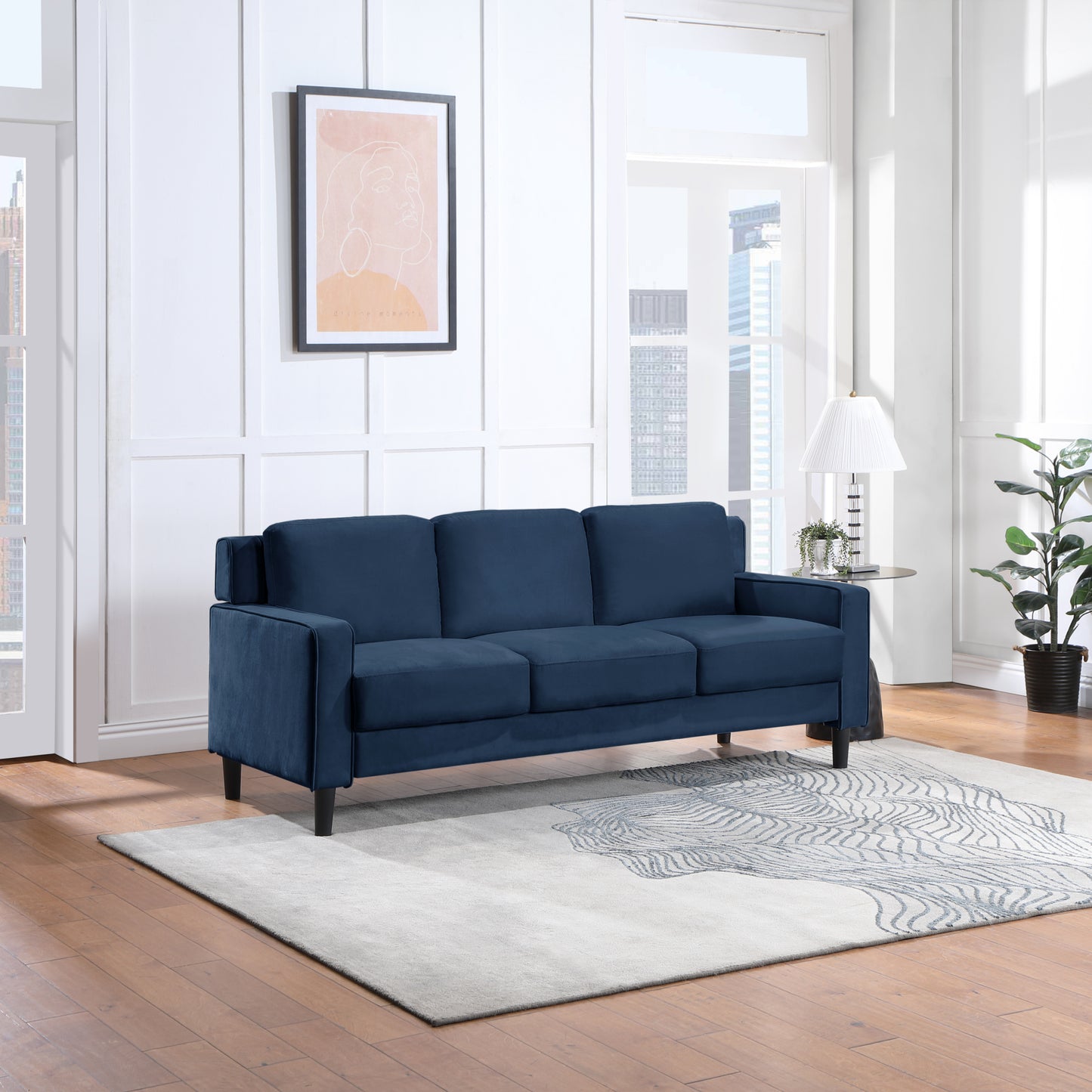 Blue Velvet 3-Seater Loveseat Sofa with High-Density Foam and Sturdy Frame