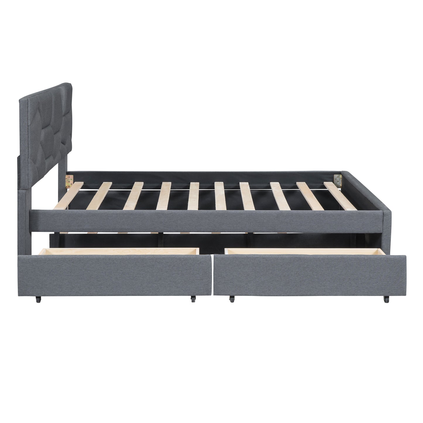 Full Size Upholstered Platform Bed with Brick Pattern Headboard, with Twin Size Trundle and 2 Drawers, Linen Fabric, Gray