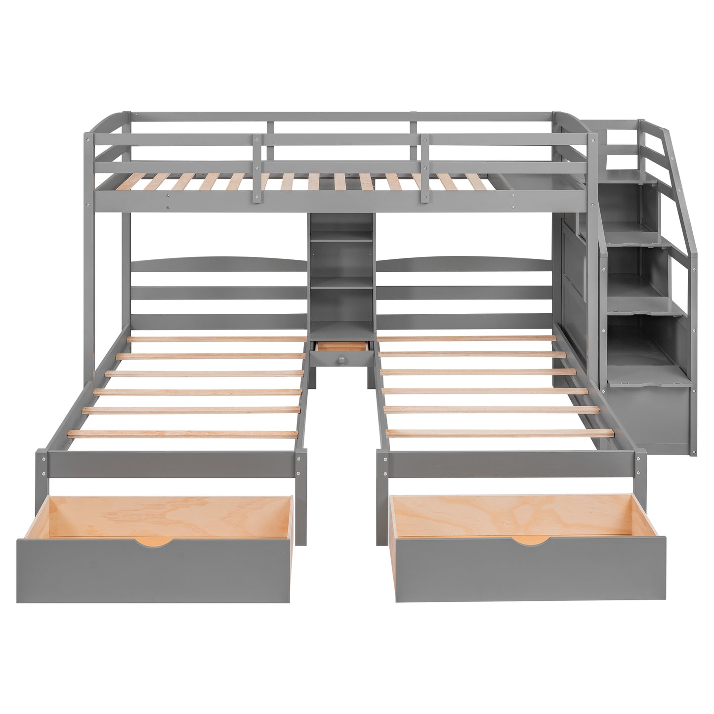 Gray Triple Bunk Bed with Storage Drawers, Staircase, and Built-in Shelves