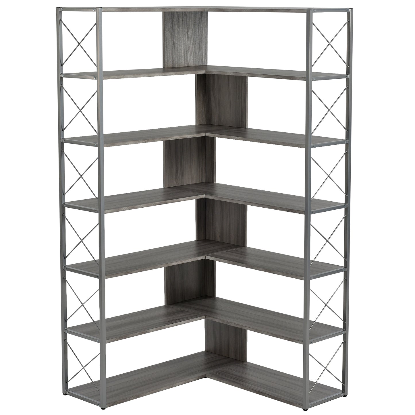 Silver+Grey 7-Tier Bookcase Home Office Bookshelf,  L-Shaped Corner Bookcase with Metal Frame, Industrial Style Shelf with Open Storage, MDF Board